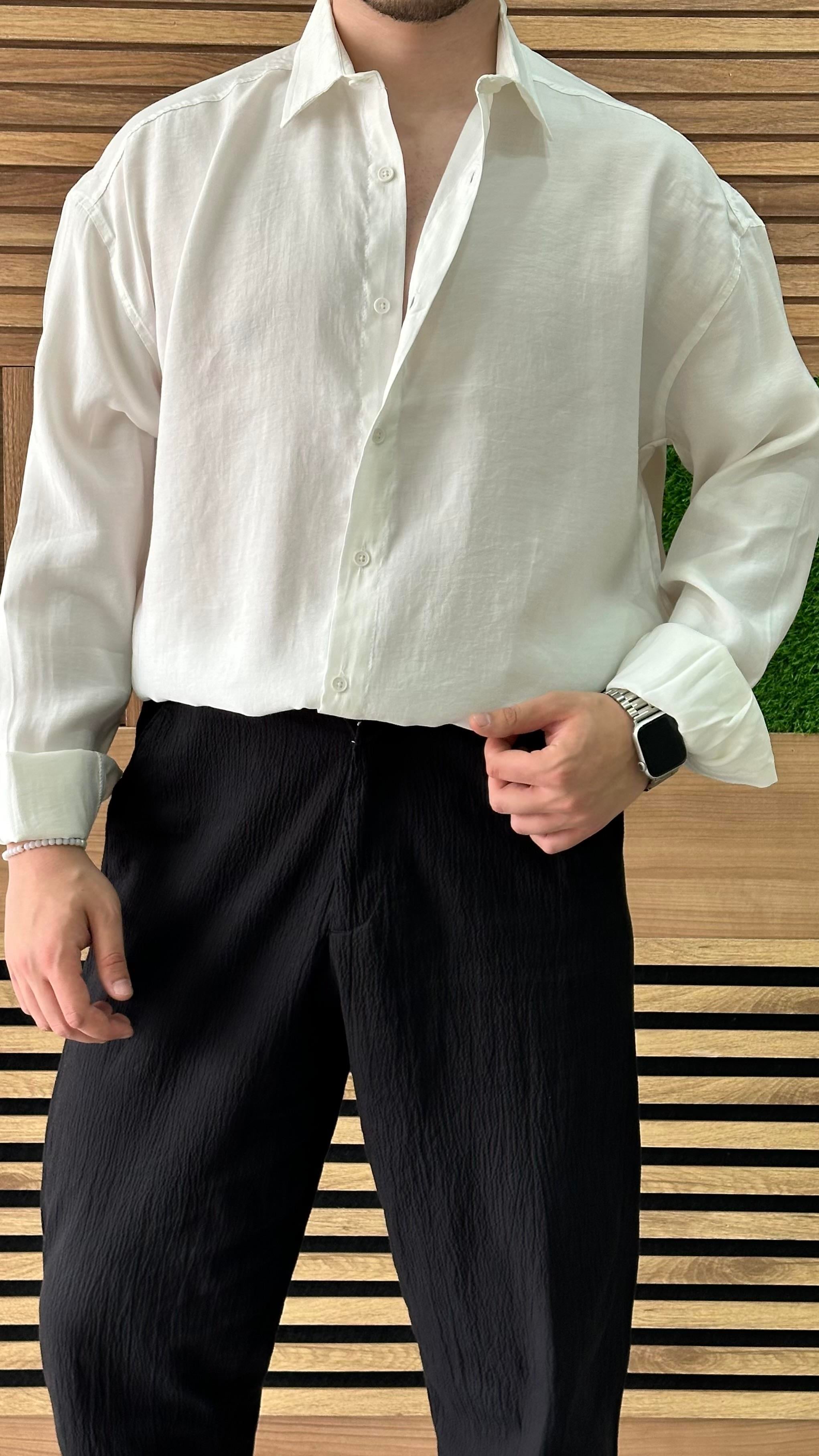 Oversize Tensel Kumaş Gömlek Beyaz