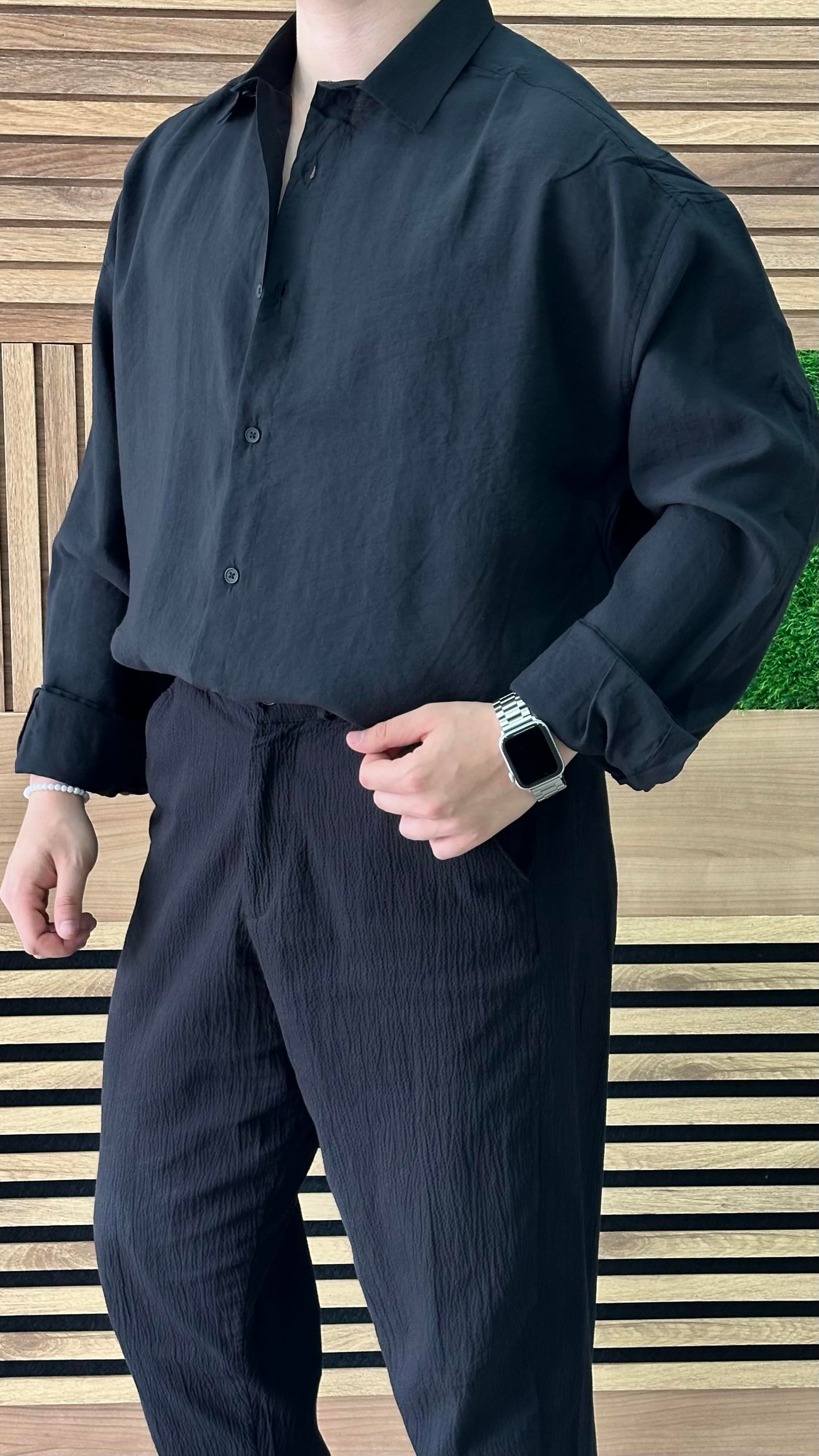 Oversize Tensel Kumaş Gömlek Siyah