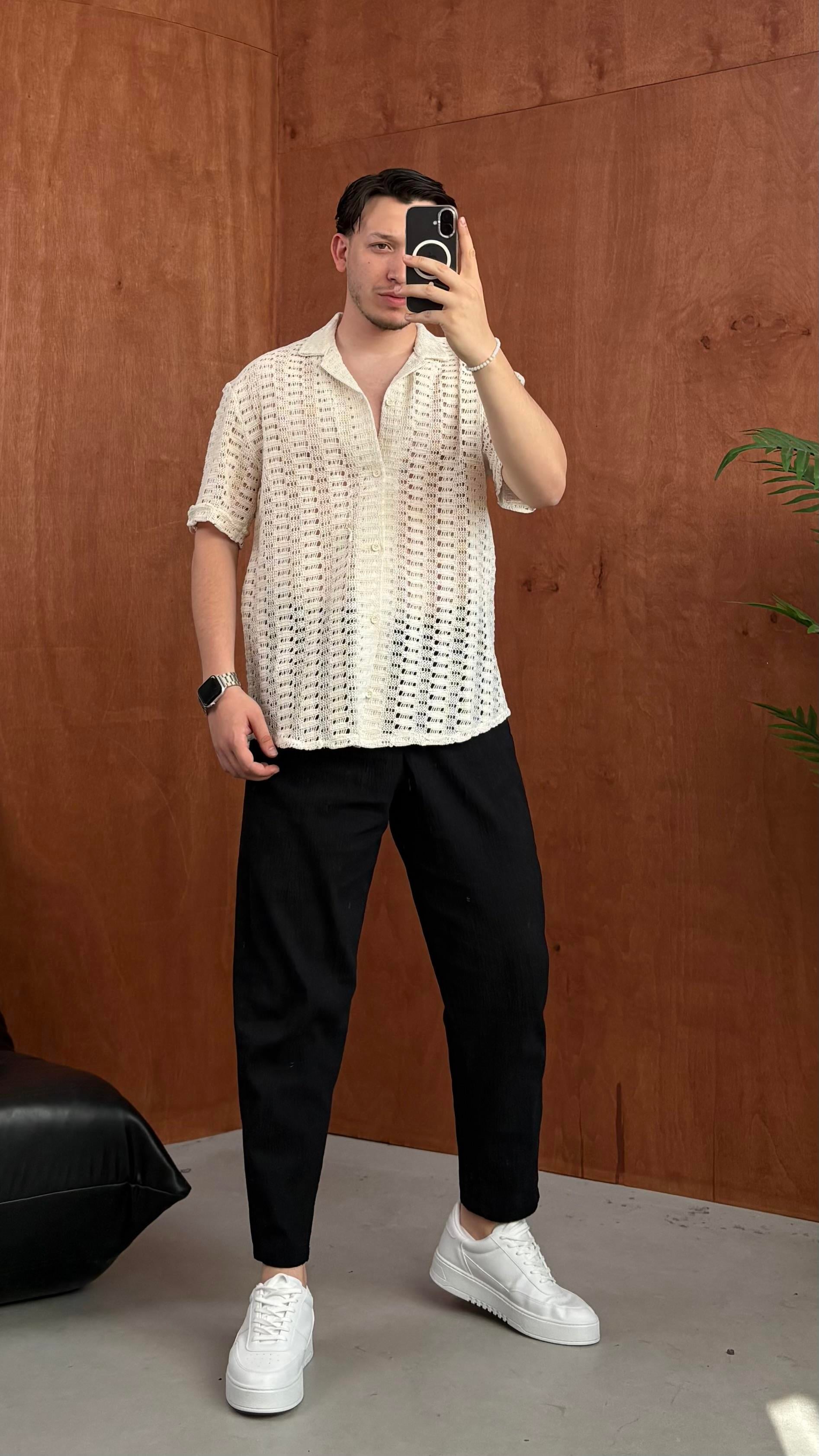 Regular Fit Jakarlı Gömlek Bej