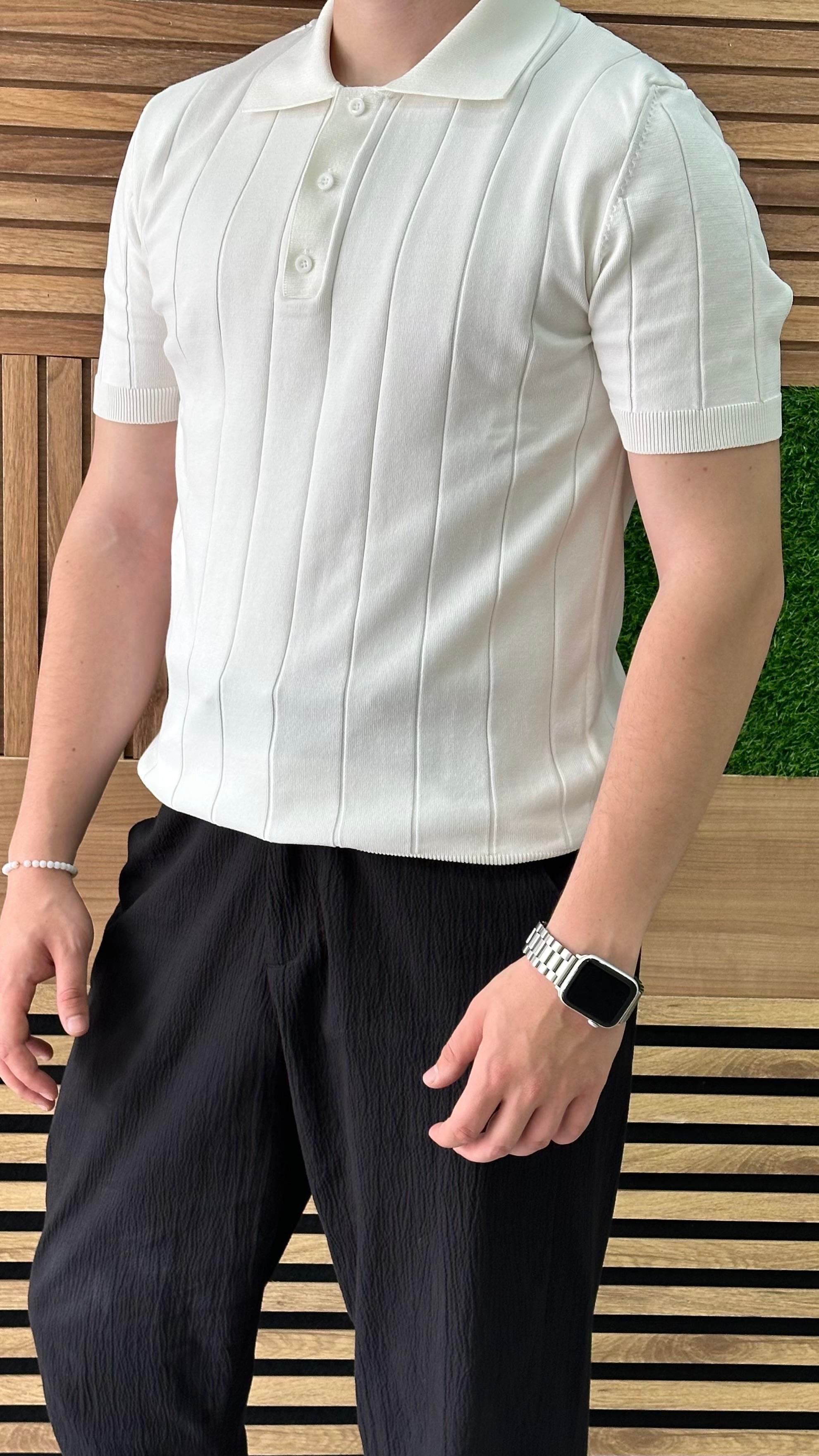 Regular Fit Örme Triko Polo Yaka T-Shirt Beyaz