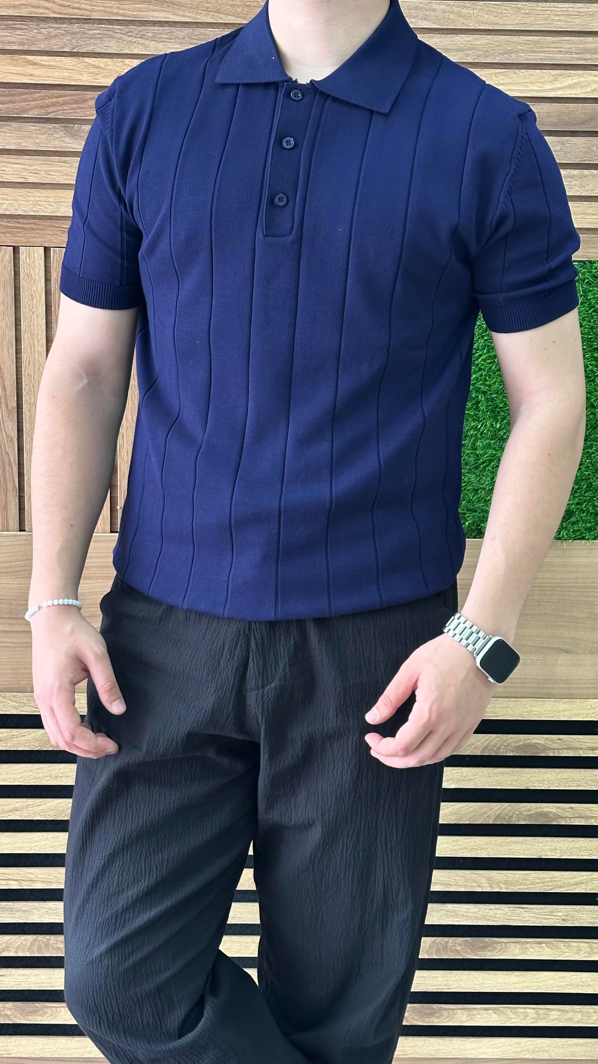 Regular Fit Örme Triko Polo Yaka T-Shirt Lacivert