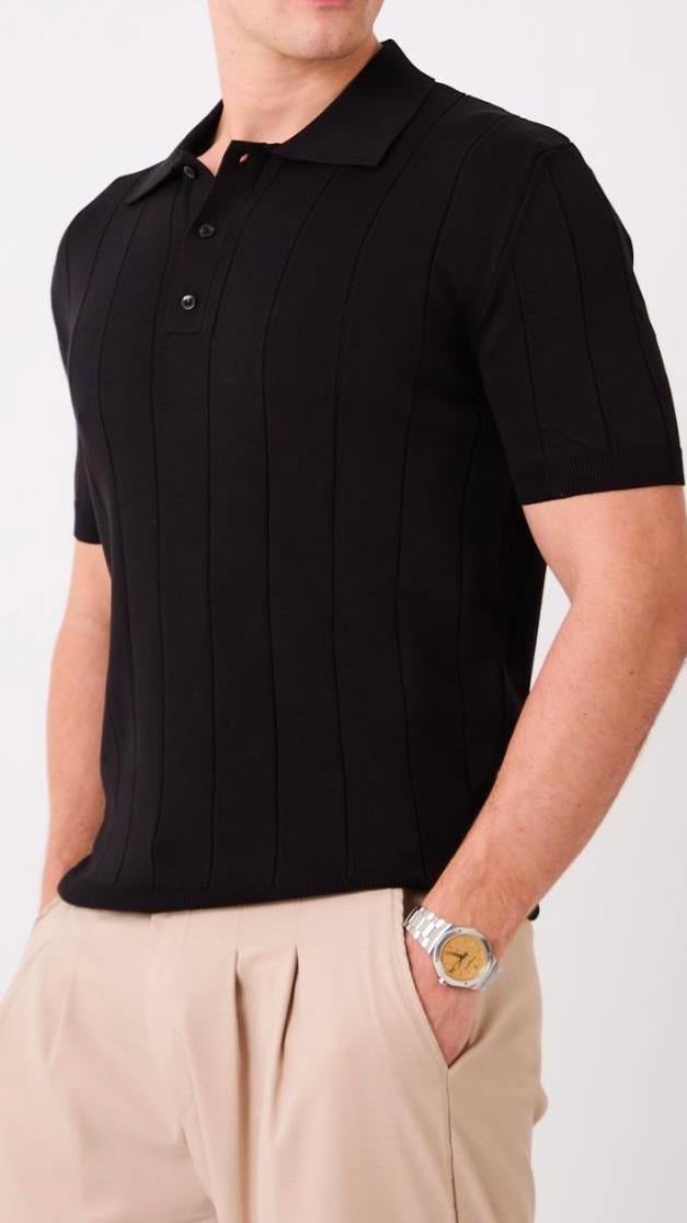 Regular Fit Örme Triko Polo Yaka T-Shirt Siyah