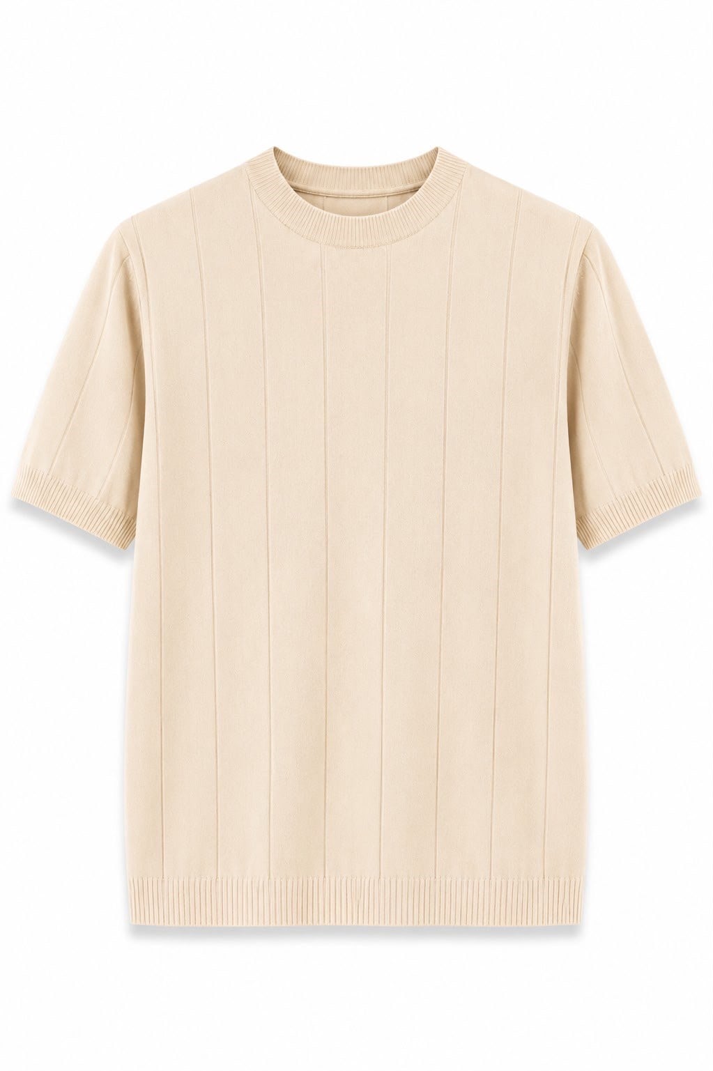 Regular Fit Örme Triko T-Shirt Bej