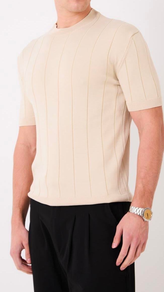 Regular Fit Örme Triko T-Shirt Beyaz