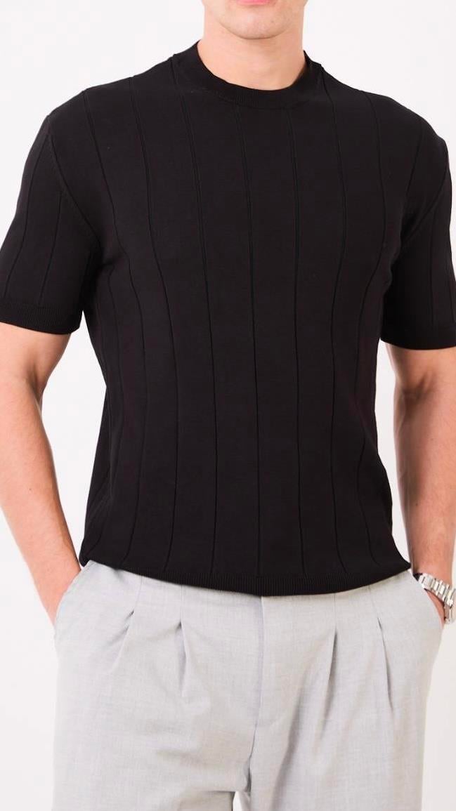 Regular Fit Örme Triko T-Shirt Siyah