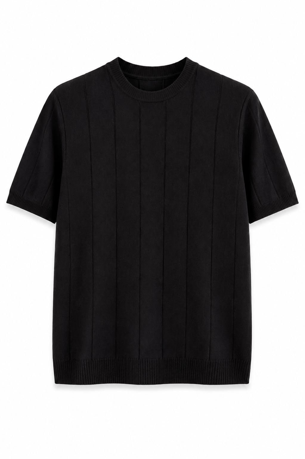 Regular Fit Örme Triko T-Shirt Siyah