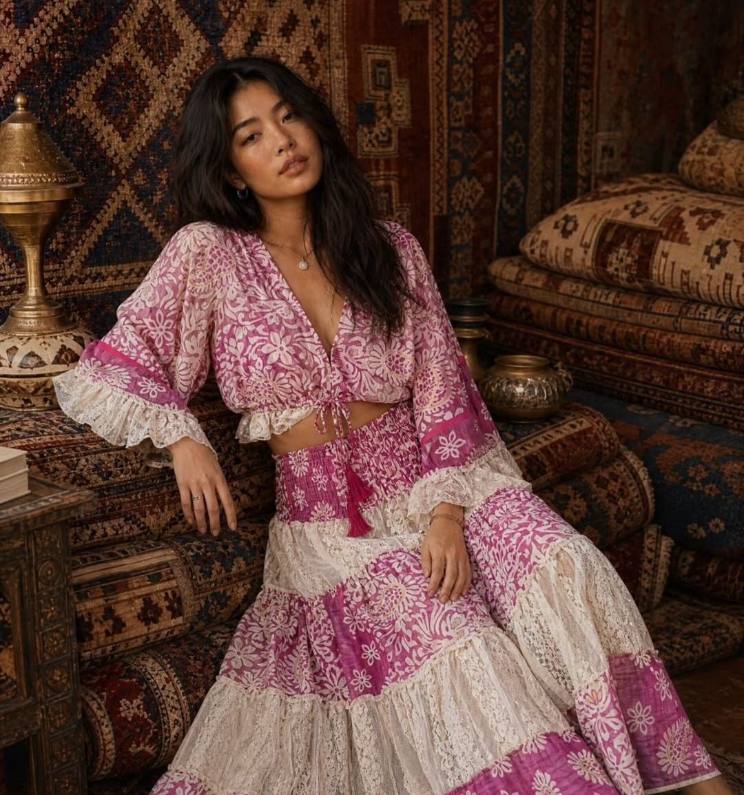 Pembe & Beyaz Desen Kadın Elbise