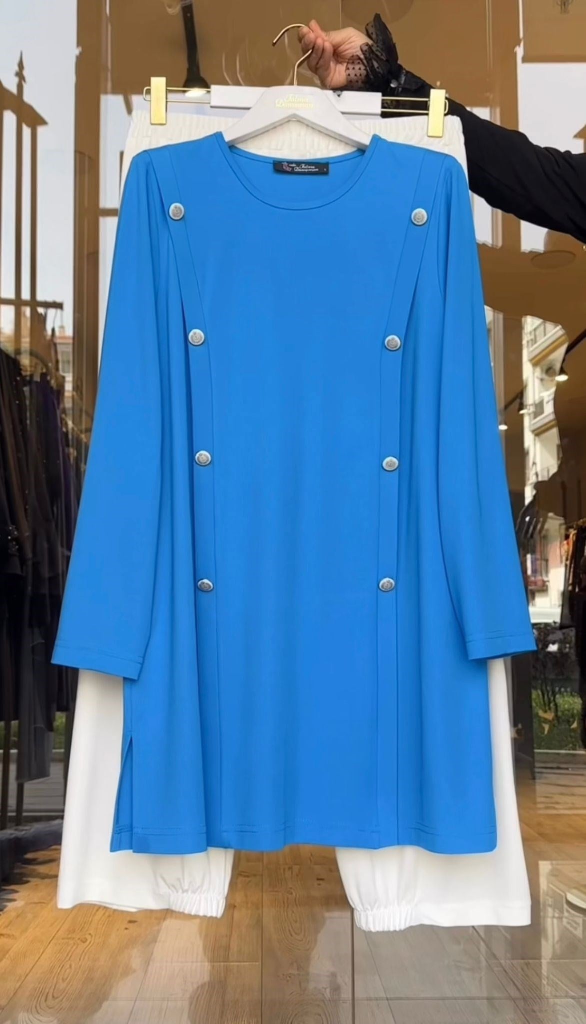 Bambu Kumaş Düğme Detaylı Pantolonlu Takım -Mavi