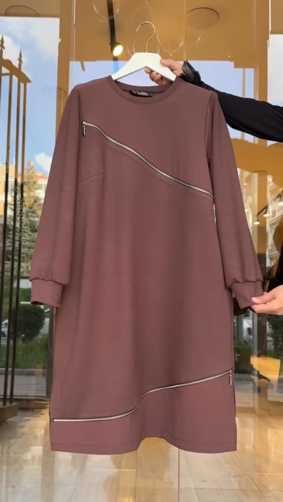 Bambu Kumaş Fermuar Detaylı Tunik -Kahve