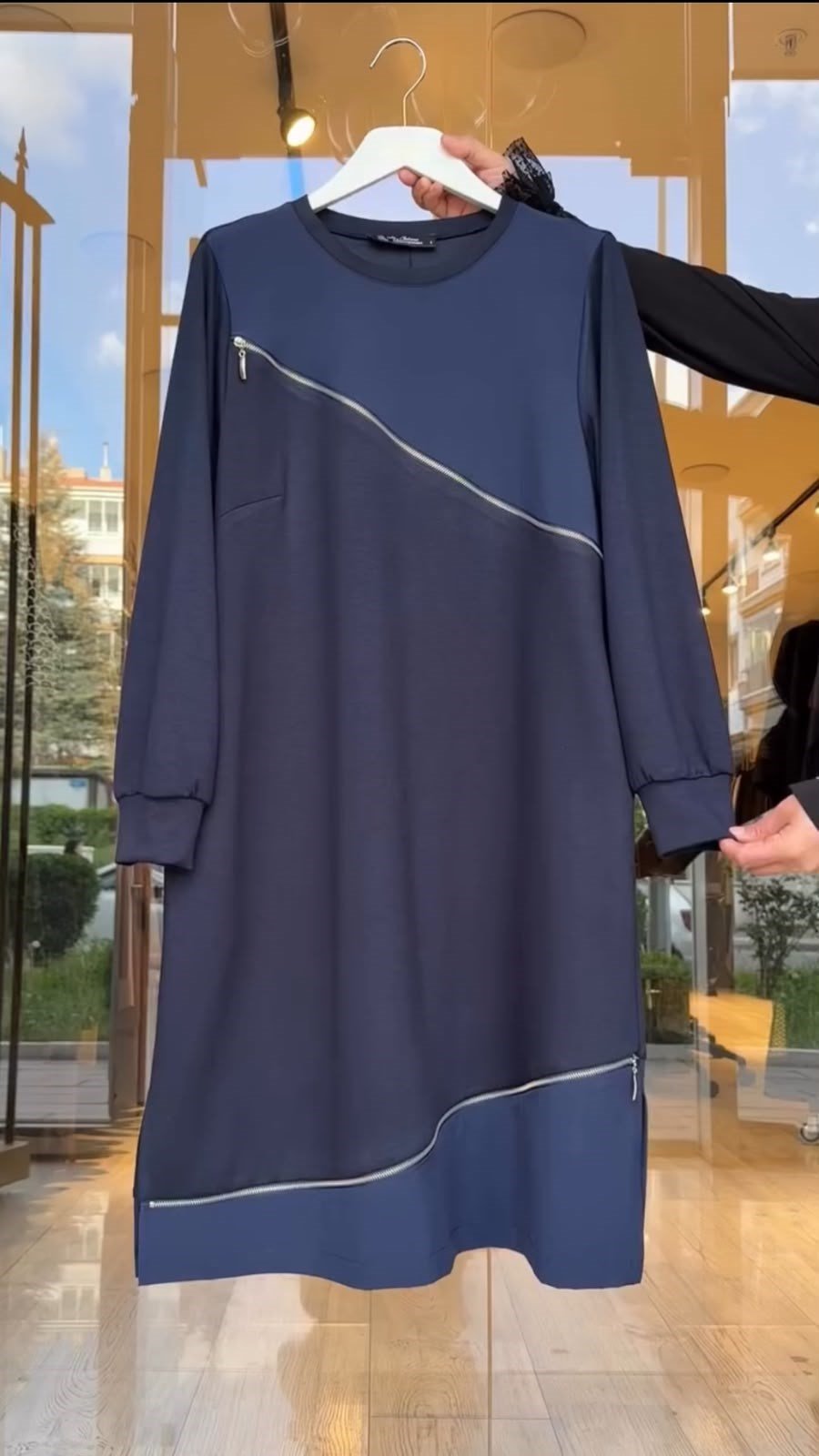 Bambu Kumaş Fermuar Detaylı Tunik -Lacivert