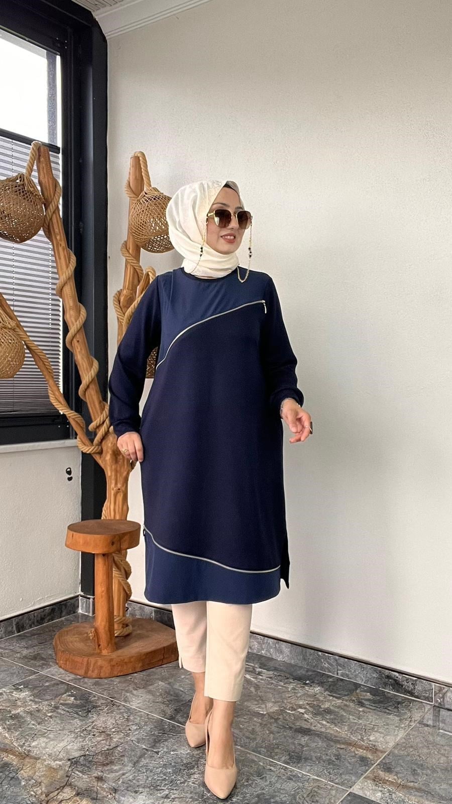 Bambu Kumaş Fermuar Detaylı Tunik -Lacivert