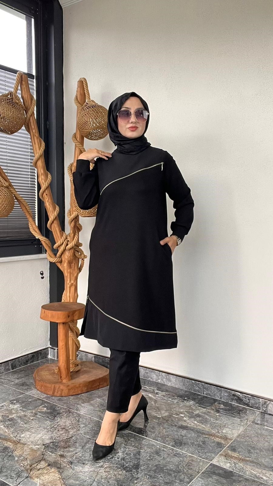 Bambu Kumaş Fermuar Detaylı Tunik -Siyah