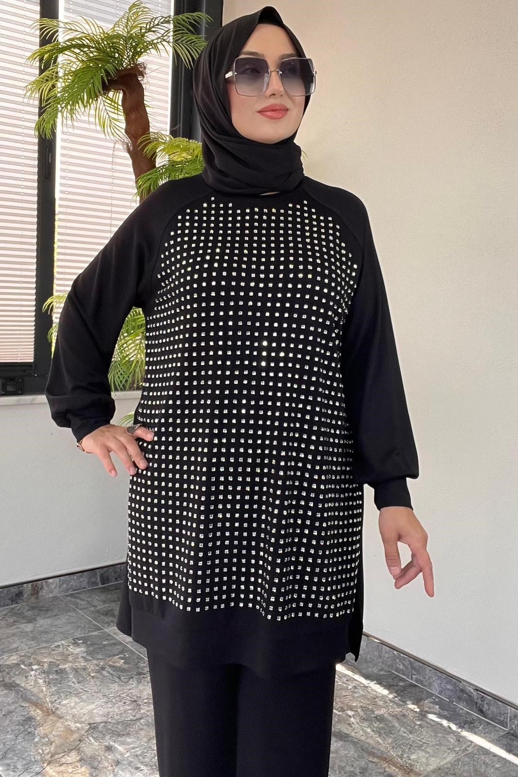 Bambu Kumaş İri Taş İşlemeli Takım -Siyah