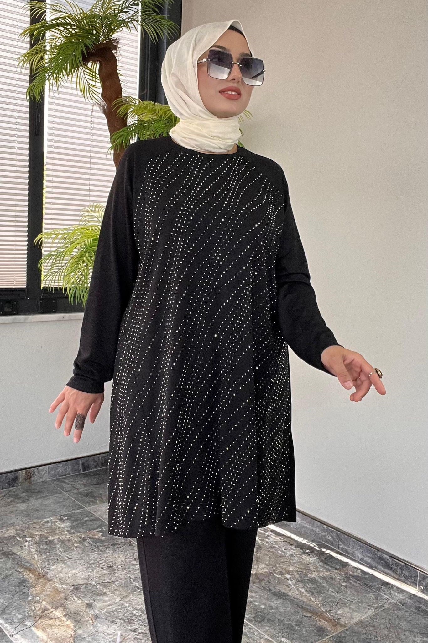 Bambu Kumaş Taş İşlemeli Takım -Siyah