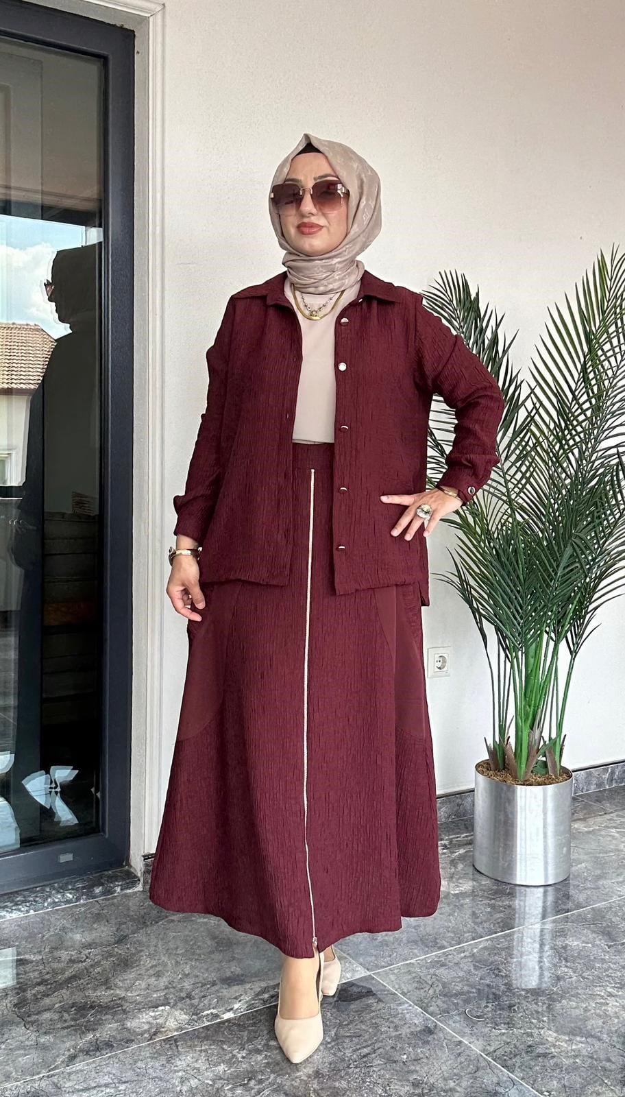 Bürümcük Kumaş Arkası Ve Tuniği Fermuarlı Etekli Takım -Bordo