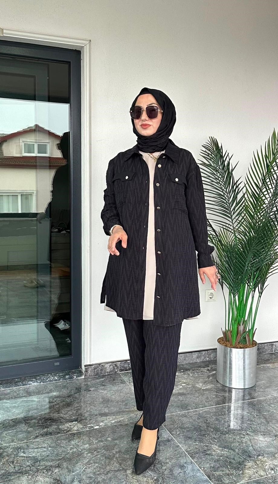 Bürümcük Kumaş Önden Düğmeli İkili Takım -Siyah