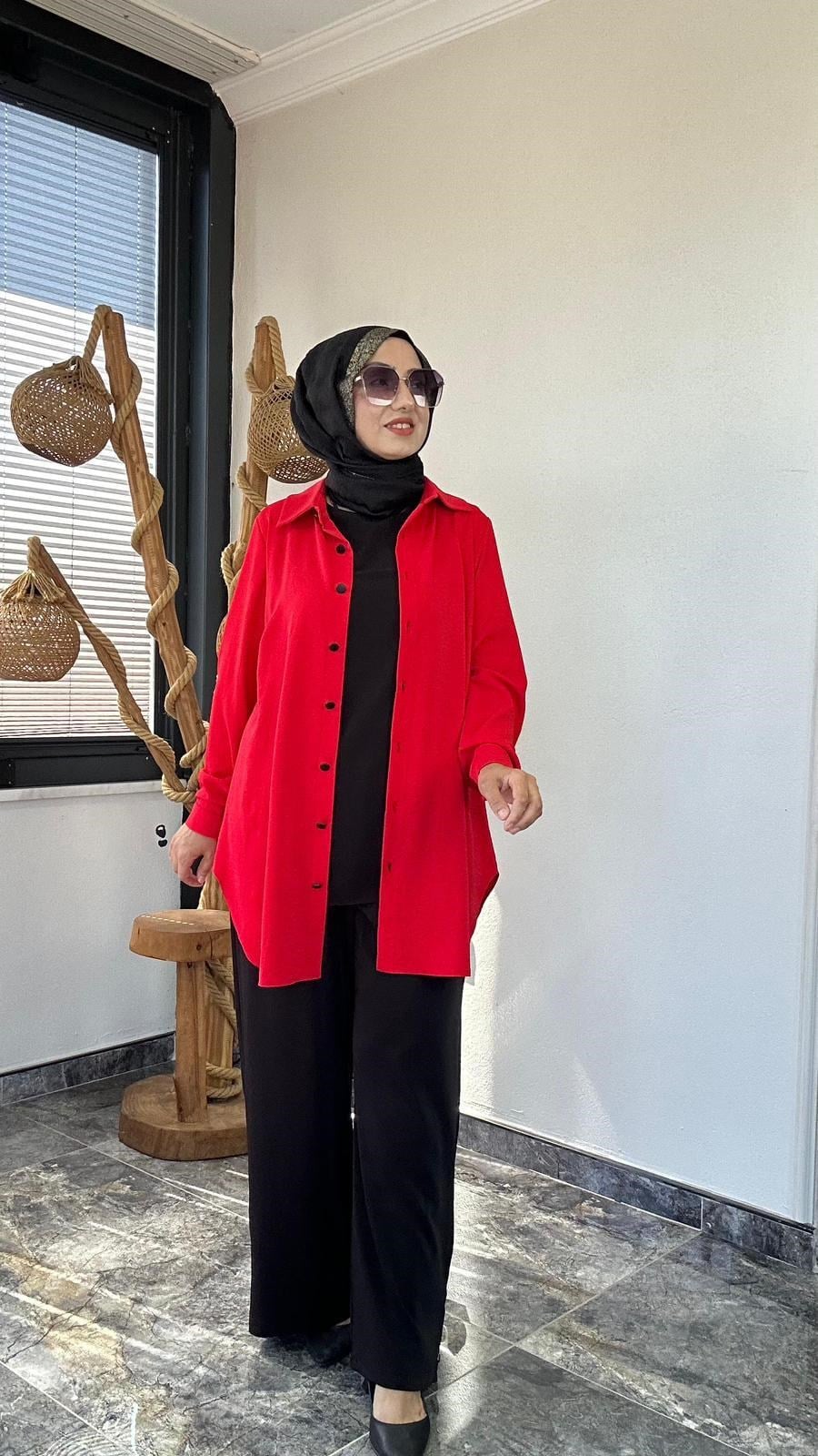 Dubai İpeği Kumaş Fermuar Detaylı İkili Takım -Kırmızı