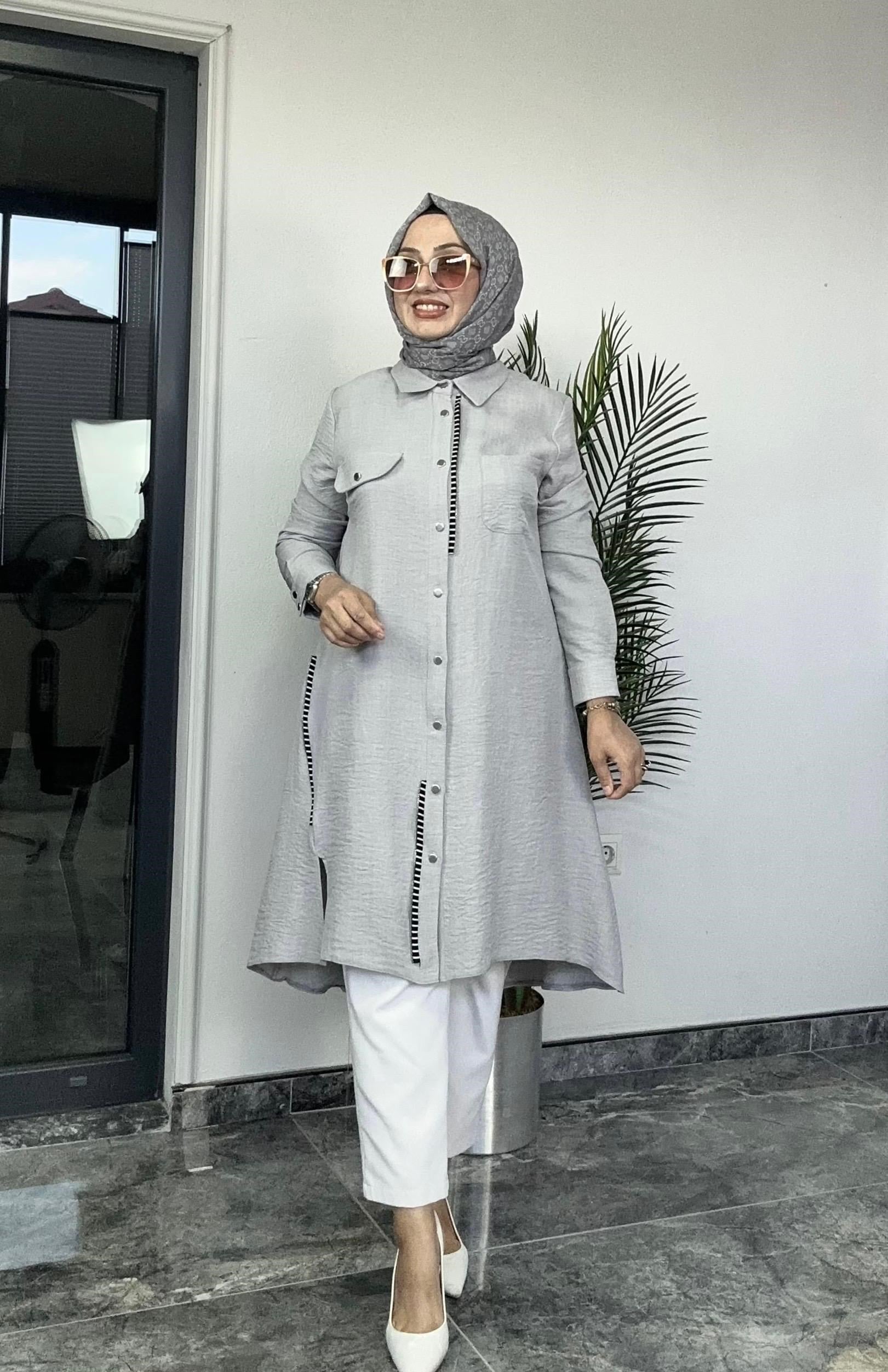 Fermuar Detaylı Pamuk Ayrobin Kumaş -gri