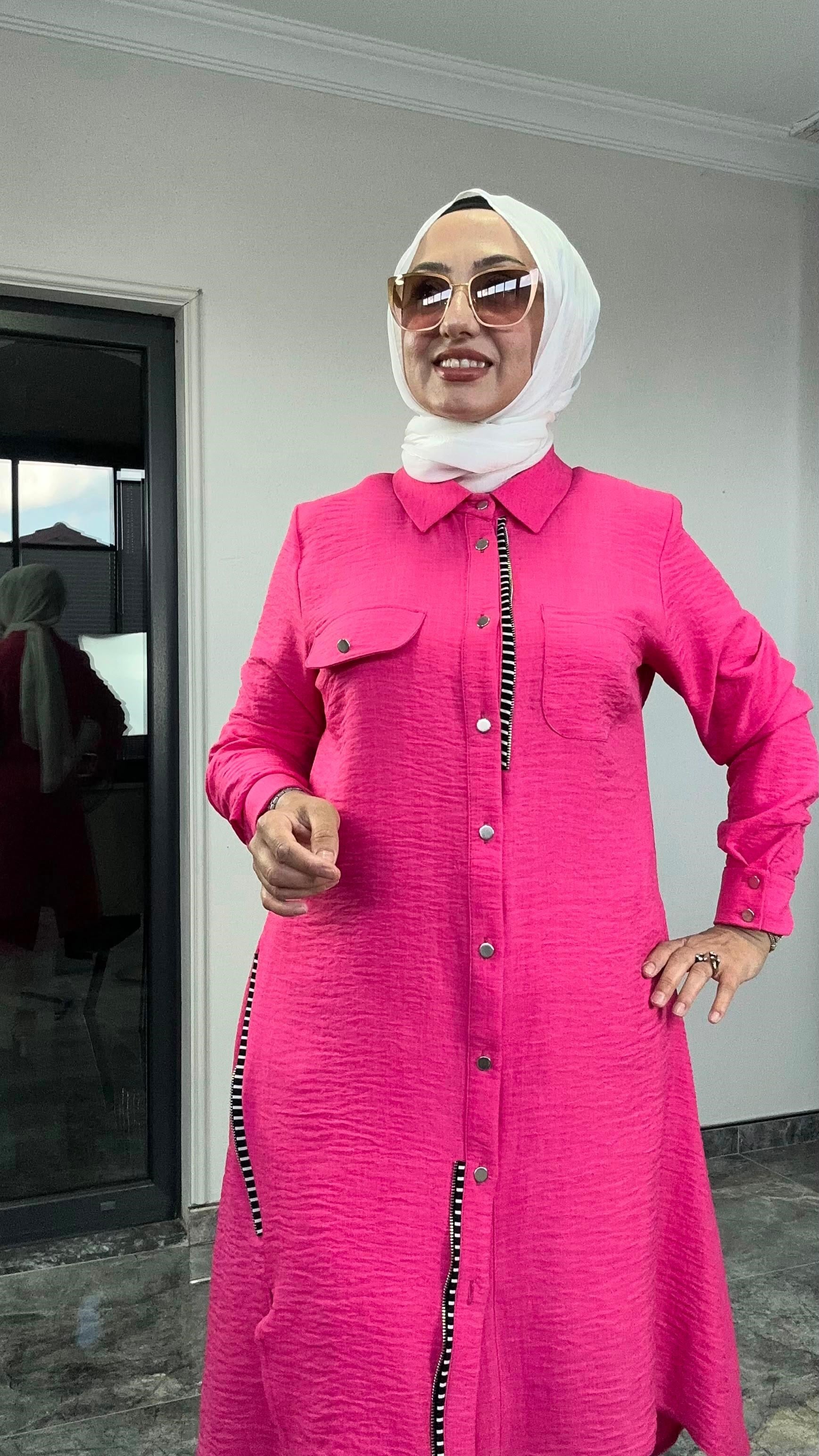 Fermuar Detaylı Pamuk Ayrobin Kumaş -Pembe 
