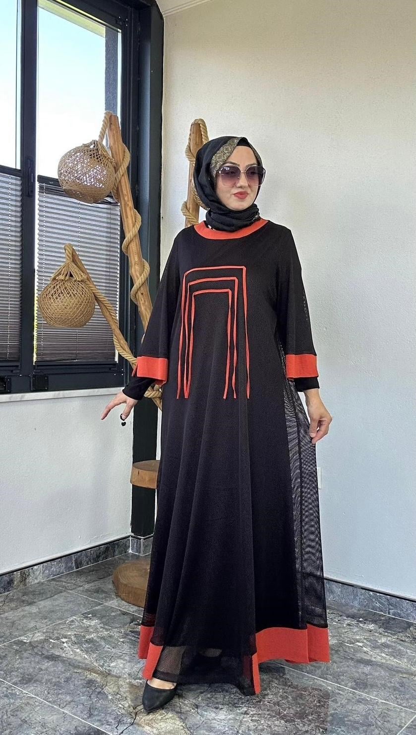 File Kumaş İkili Elbise -Turuncu