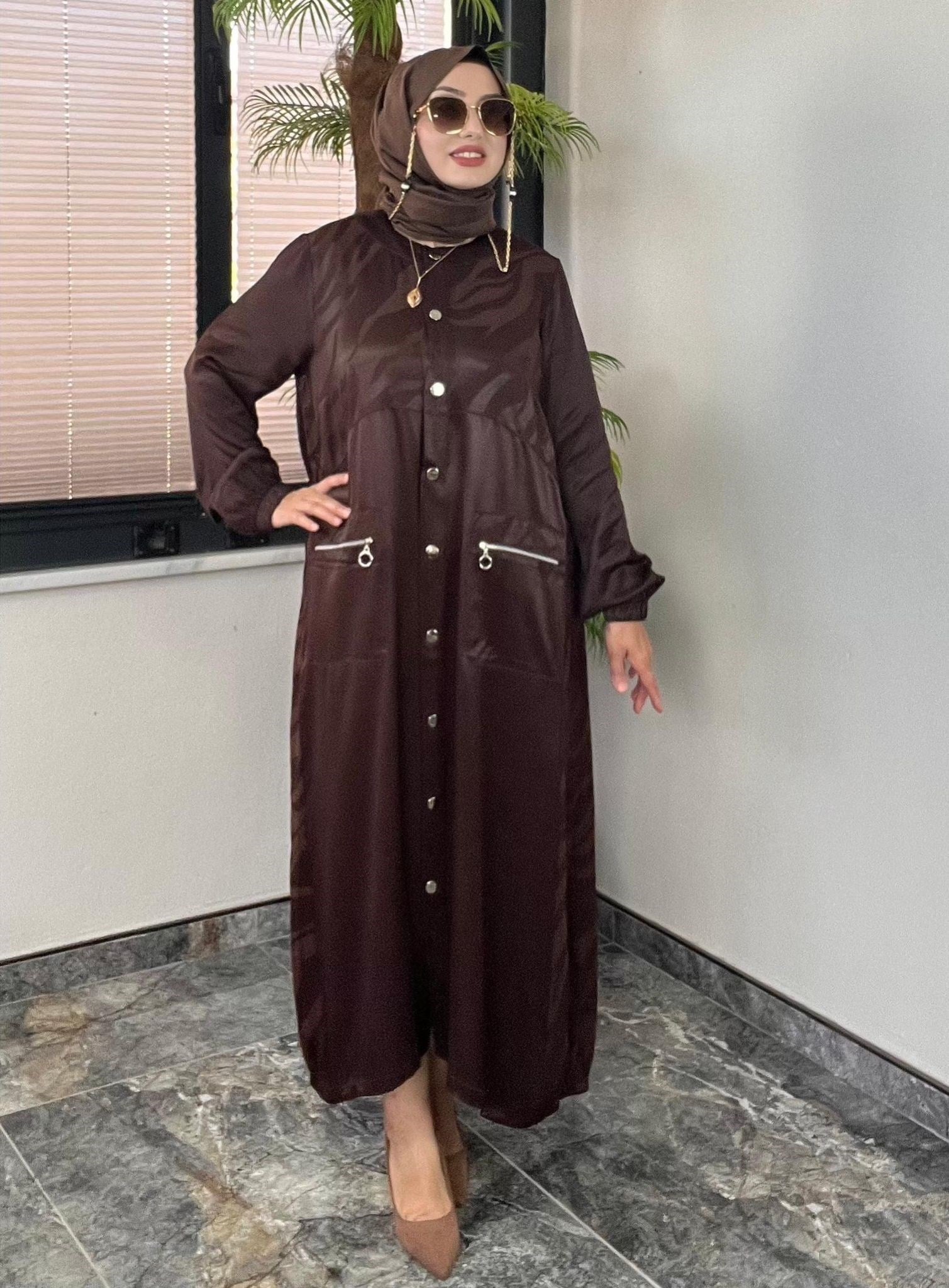 Jakar İpek Saten Kumaş Çıtçıtlı Kap -Kahve