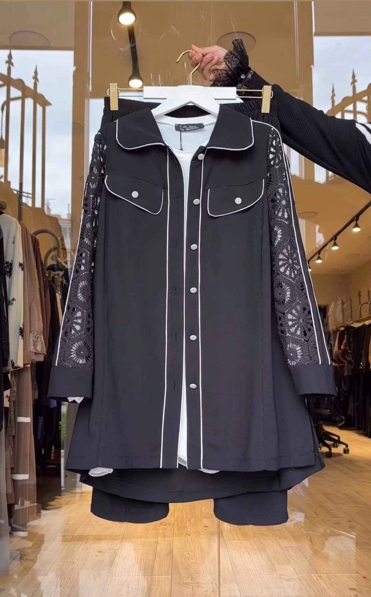 Keten Kumaş Dantel Kumaş Kombinli Ceket Pantolon Takım -Siyah