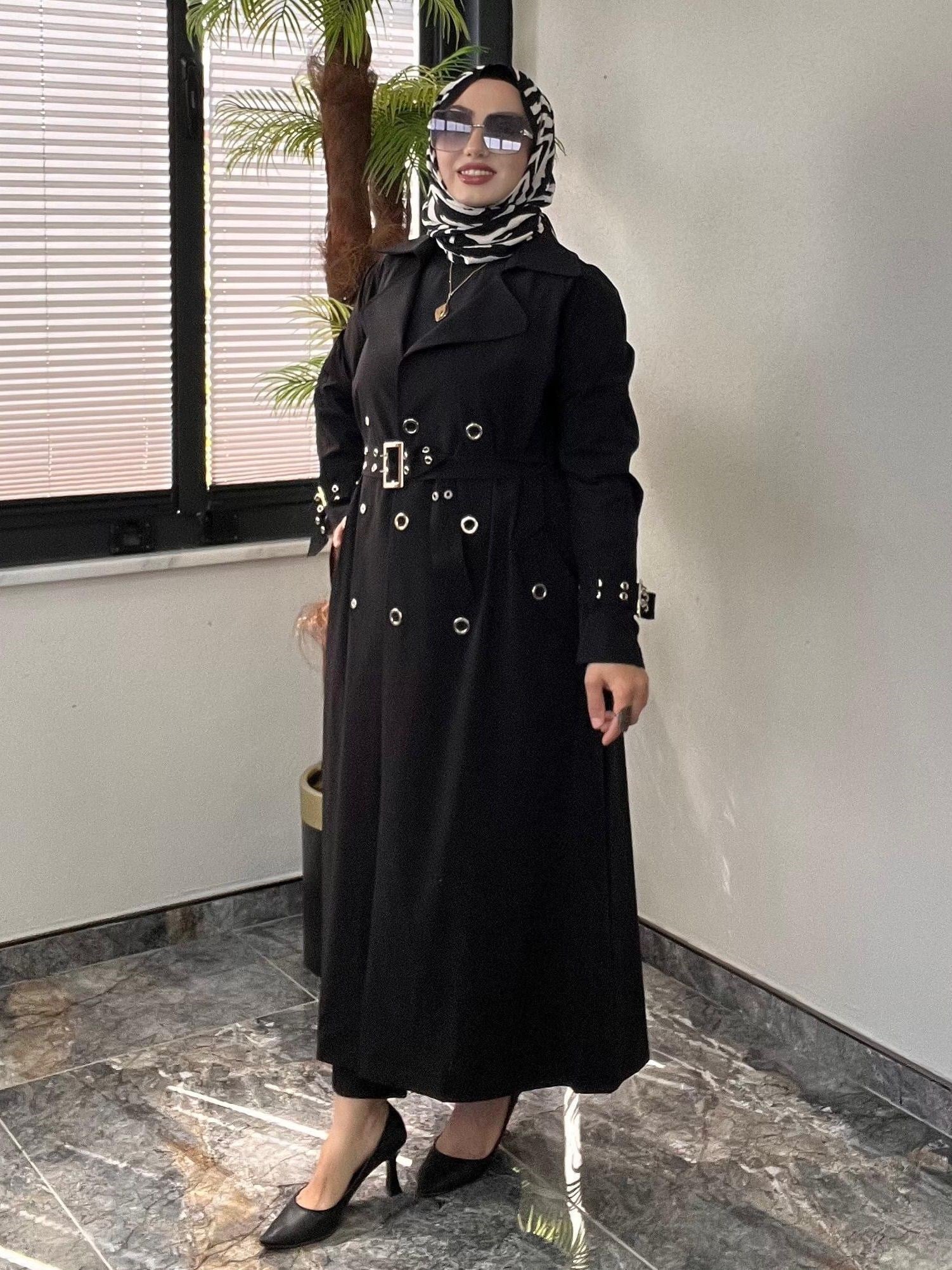 Kuş Gözü Kemer Detaylı Trençkot -Siyah