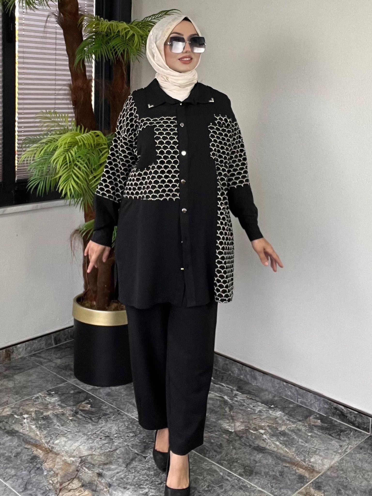 Pamuklu Kumaş File Kumaş Kombinli İkili Takım -Siyah