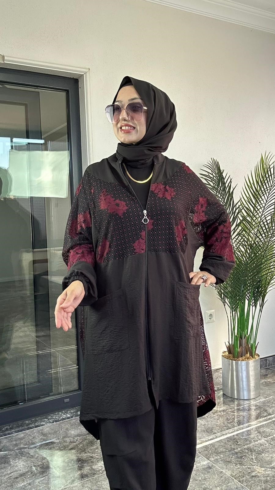 Pamuklu Kumaş Ve Dantel Kumaş Kombinli Ceket -Mürdüm