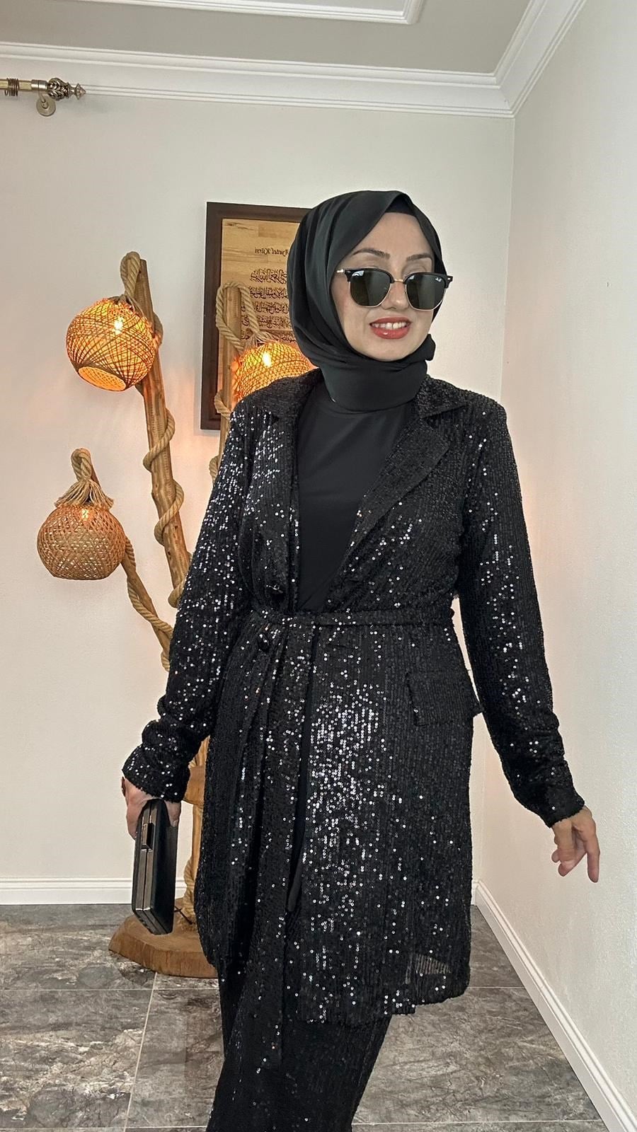 Pul Payet Kumaş Blazer Ceket İkili Takım -Siyah