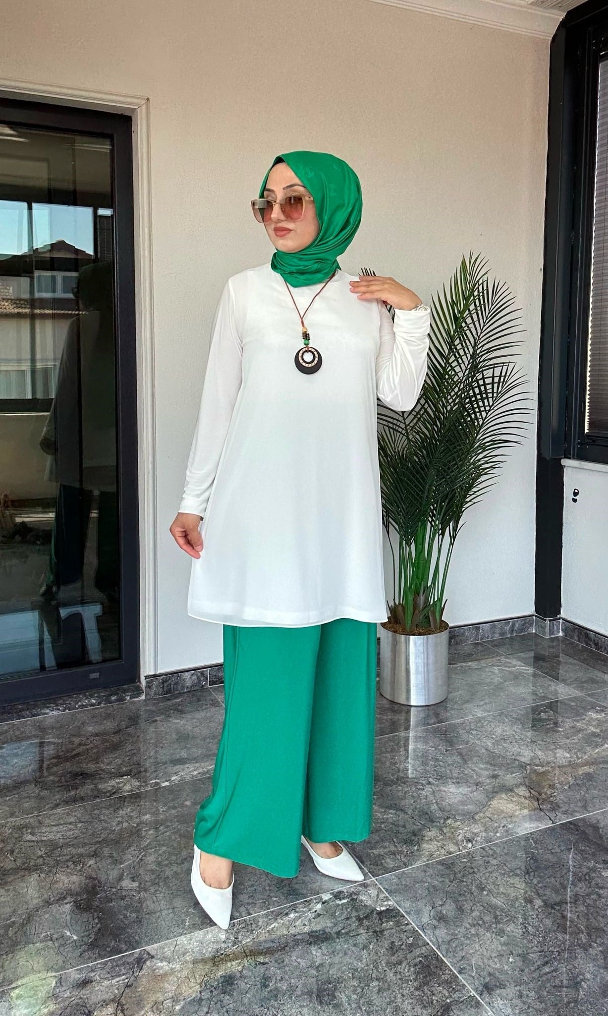 Sandy Kumaş Önü Şifon Kaplama Tunik Ve Sandy Kumaş Pantolon İkili Takım 