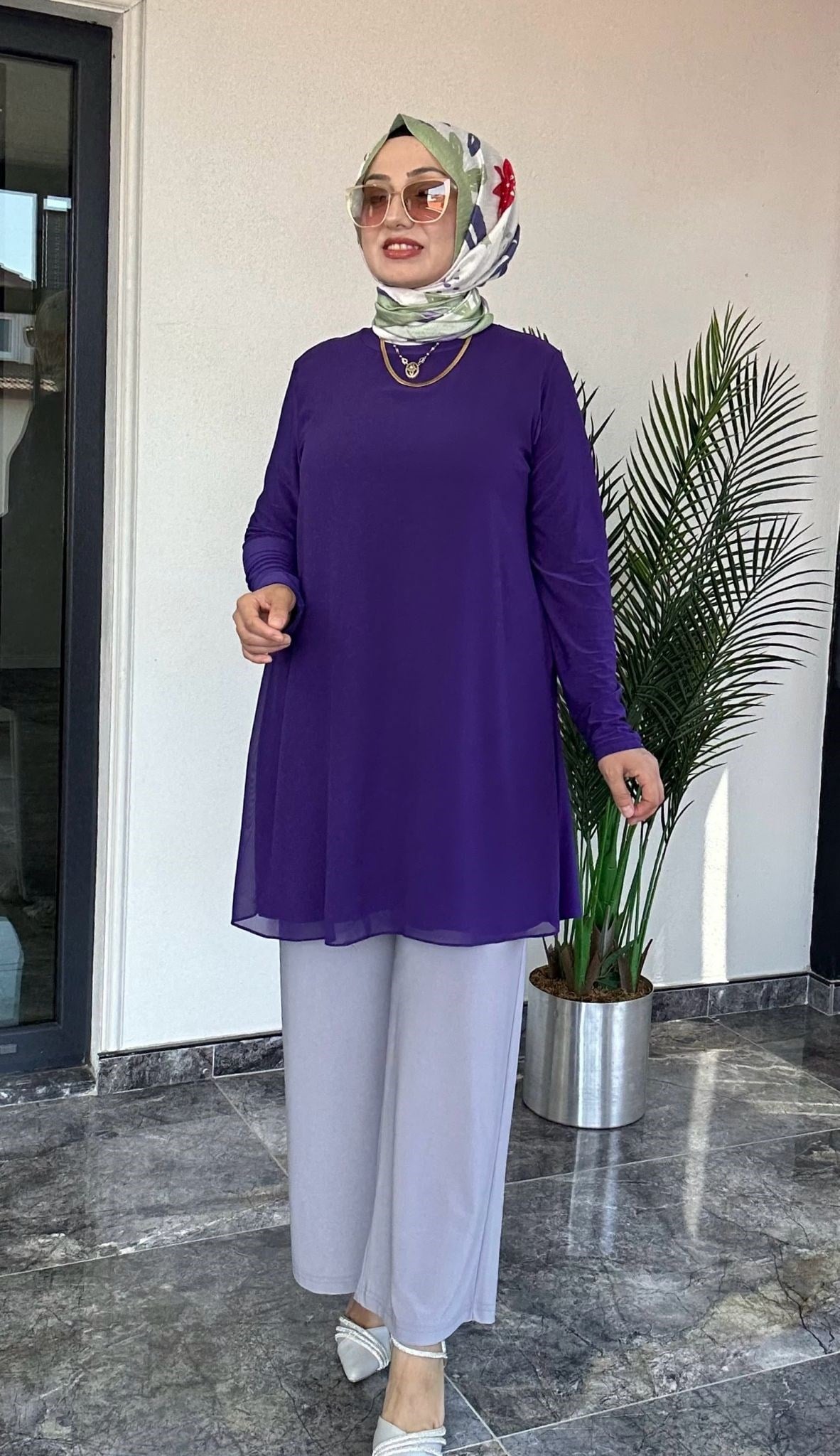 Sandy Kumaş Önü Şifon Kaplama Tunik Ve Sandy Kumaş Pantolon İkili Takım 