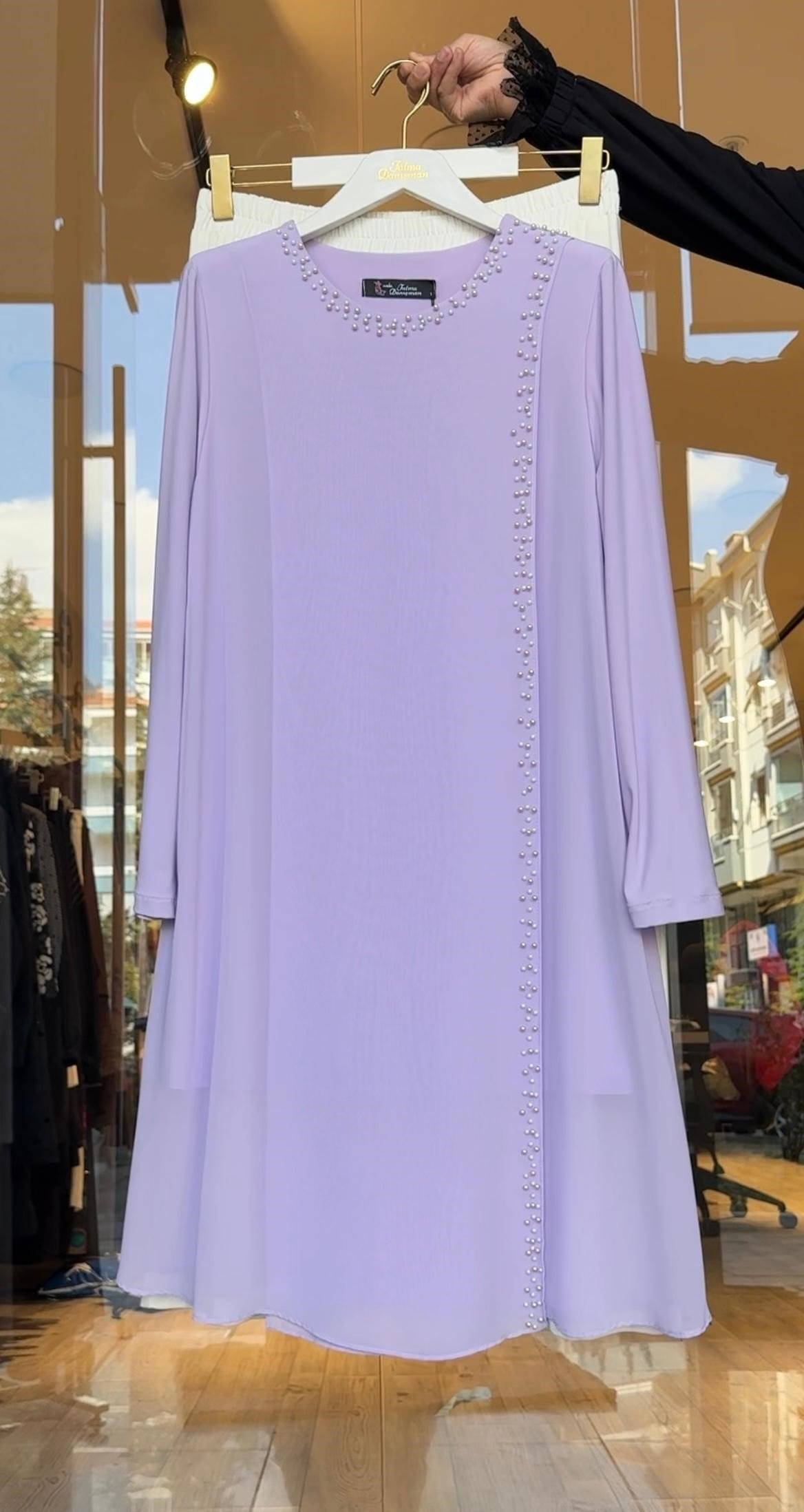 Sandy Kumaş Önü Şifon Kaplama Tunik Ve Sandy Kumaş Pantolon İkili Takım -Lila