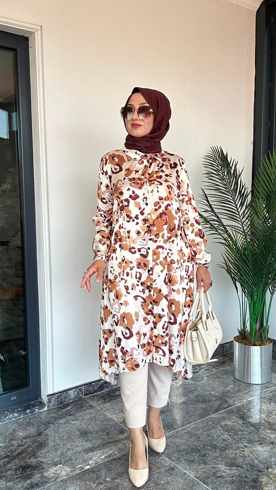 Saten Kumaş Desenli Tunik 