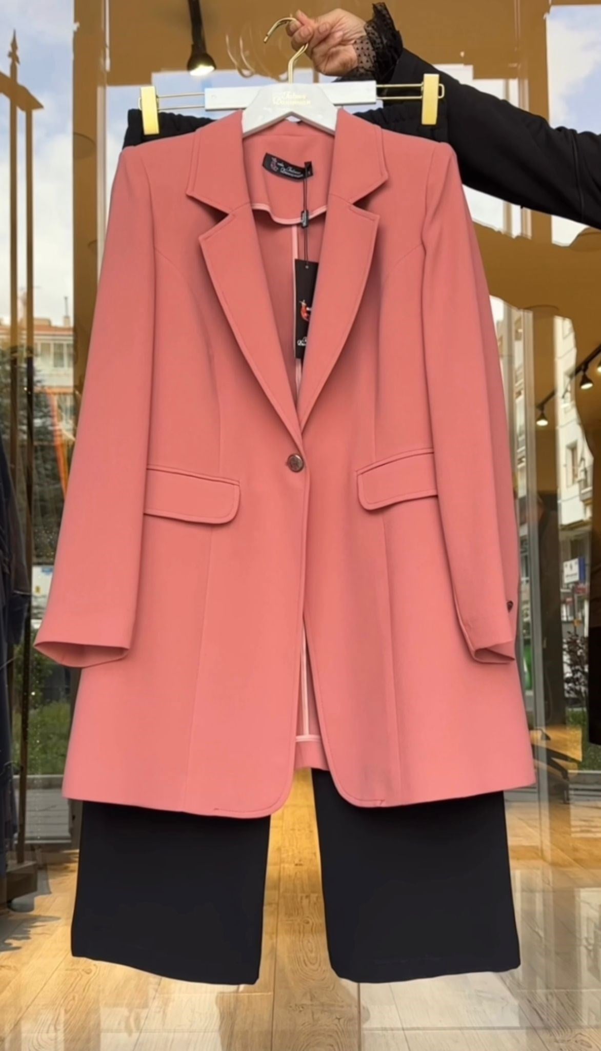Scuba Krep Kumaş Blazer Ceket Pantolonlu Takım -Somon