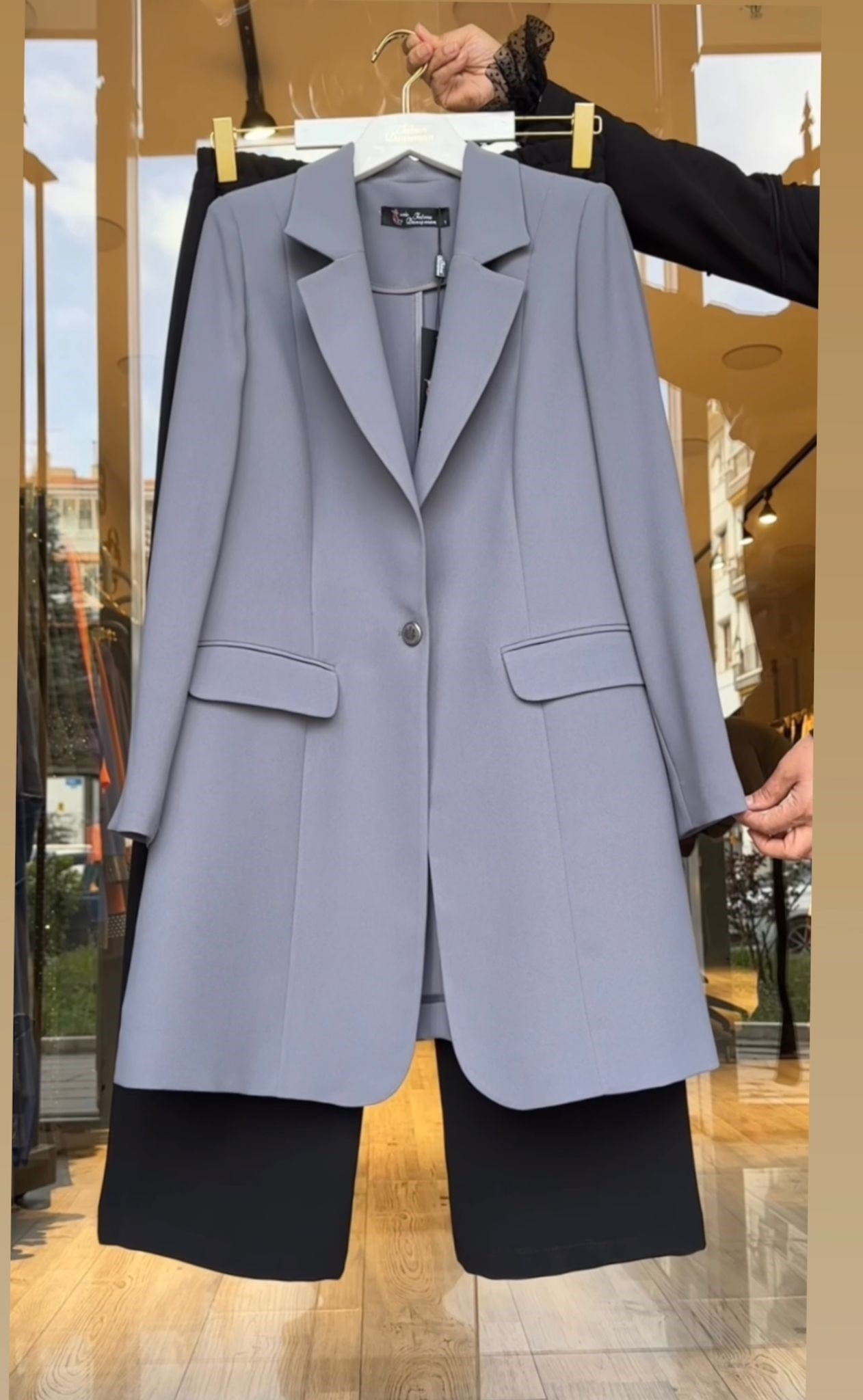Scuba Krep Kumaş Kumaş Blazer Ceket Pantolonlu Takım -Gri 