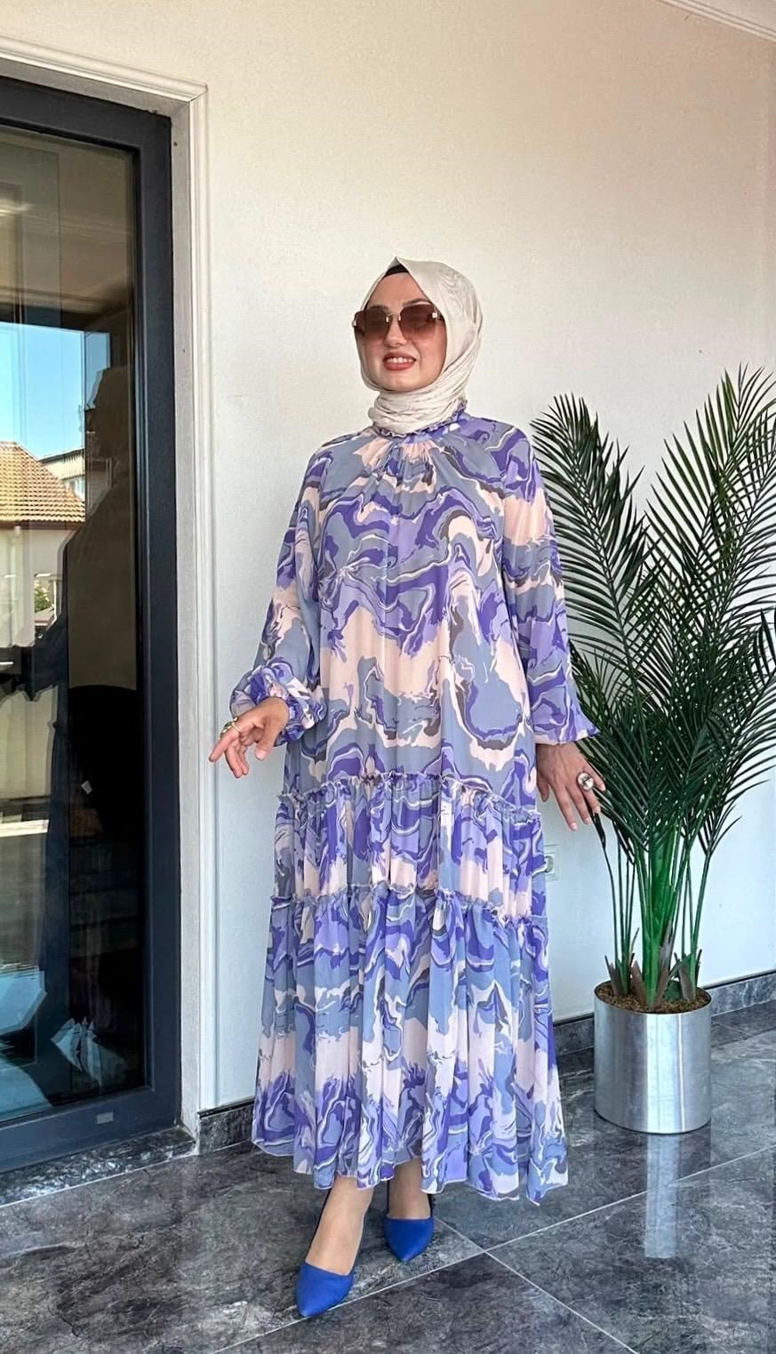 Şifon Desenli Kumaş Fırfır Detaylı Elbise -Mavi 