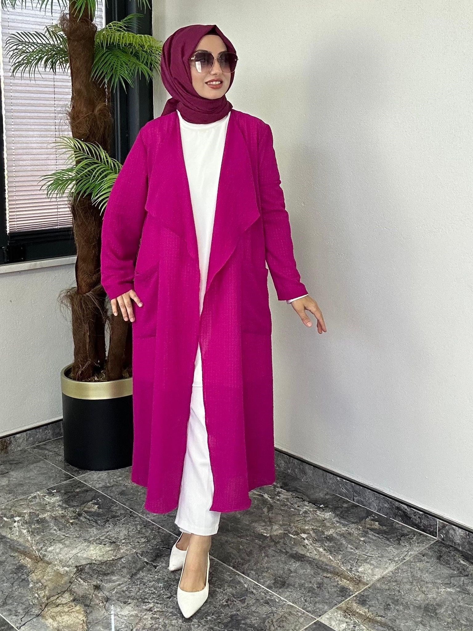 Şifon Krep Kumaş Ceket -Fuşya
