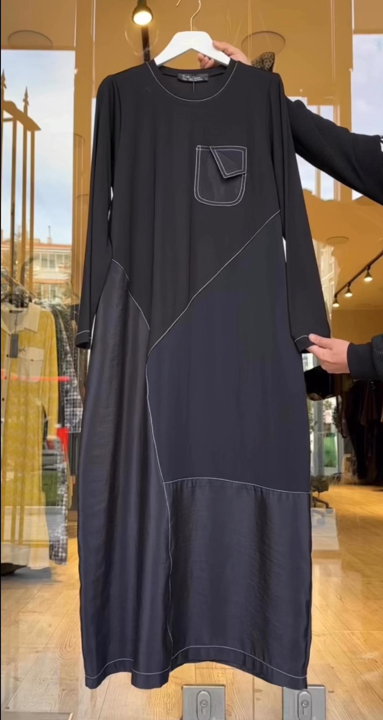 Spor Dikişli Cep Detaylı Elbise -Siyah