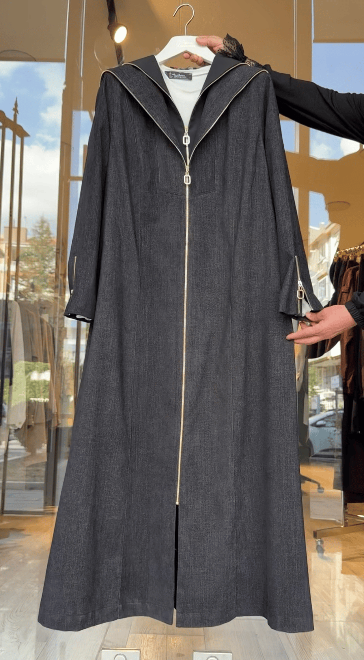 Tensel Kot Kumaş Çift Yakalı Fermuarlı Kap -Siyah
