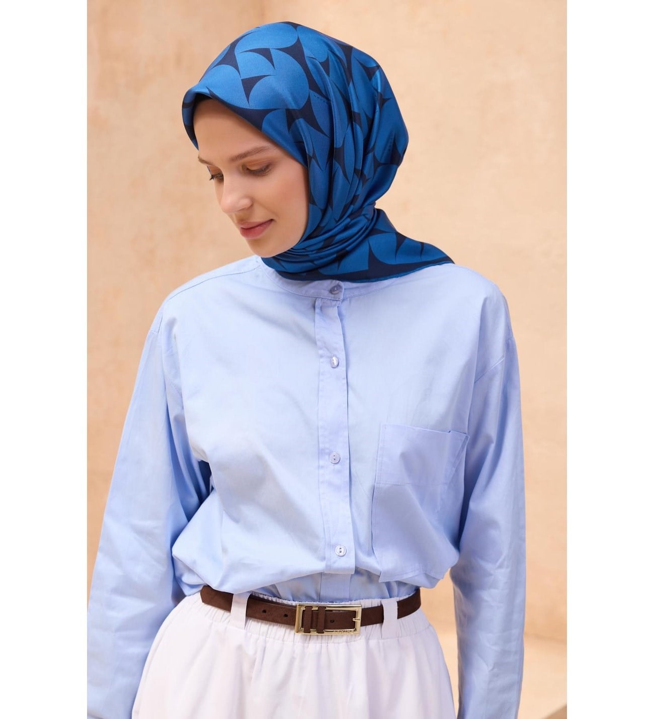 Lacivert Geometrik Desen %100 Twill İpek Eşarp 4117 - 54