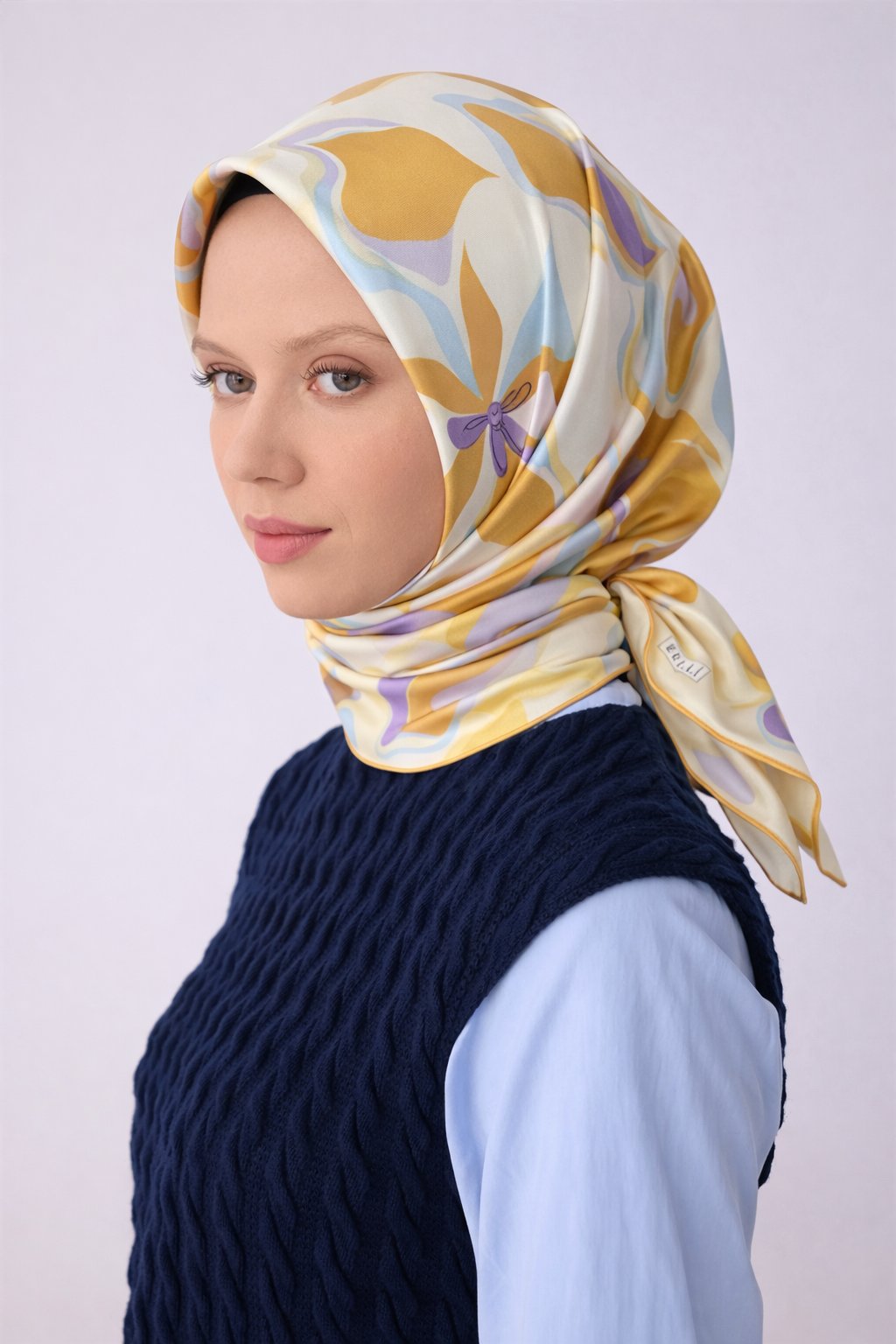 Sarı Soyut Desen %100 Twill İpek Eşarp 4318 - 83