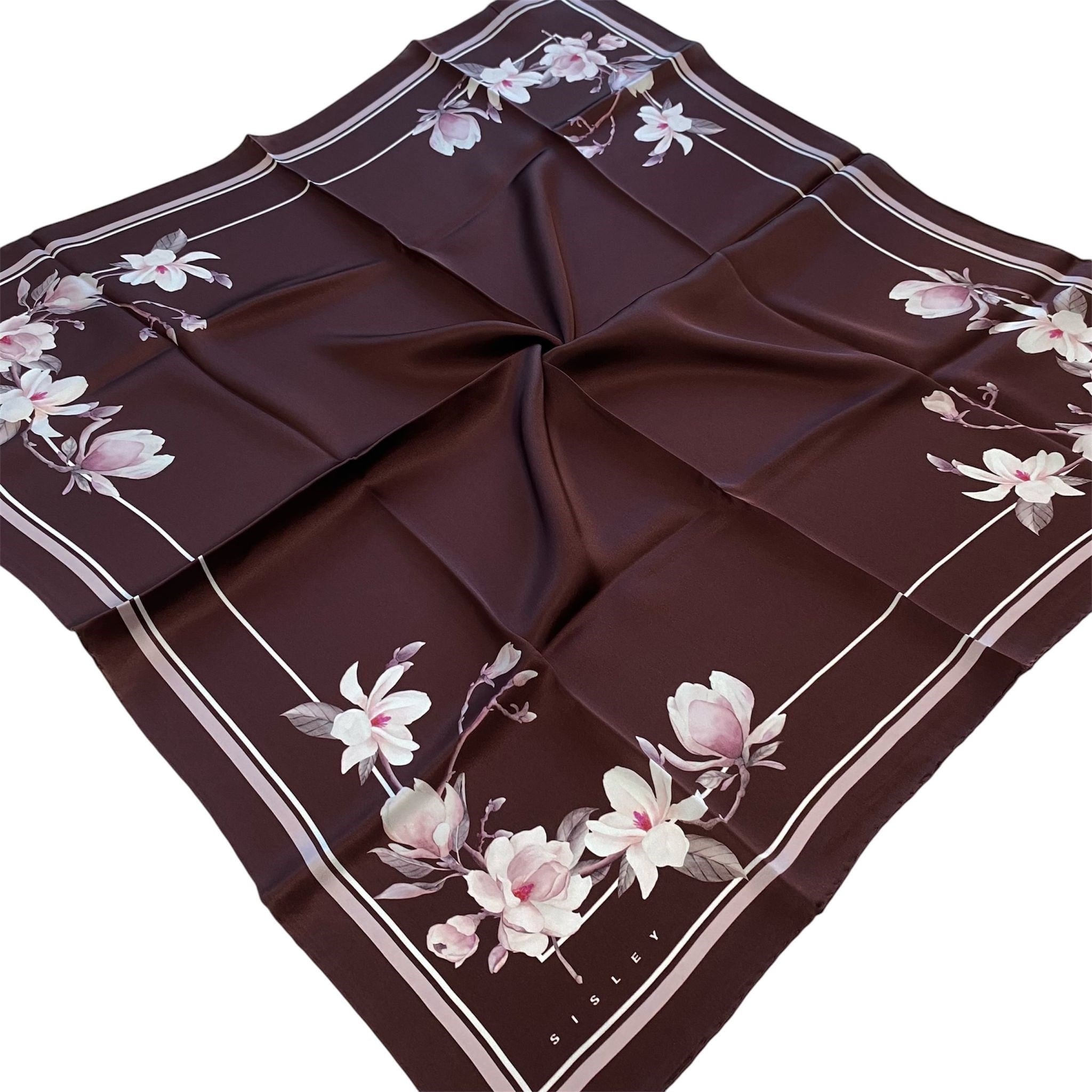 Sisley Sura Saf İpek Eşarp Bordo Çiçek Desen 2036