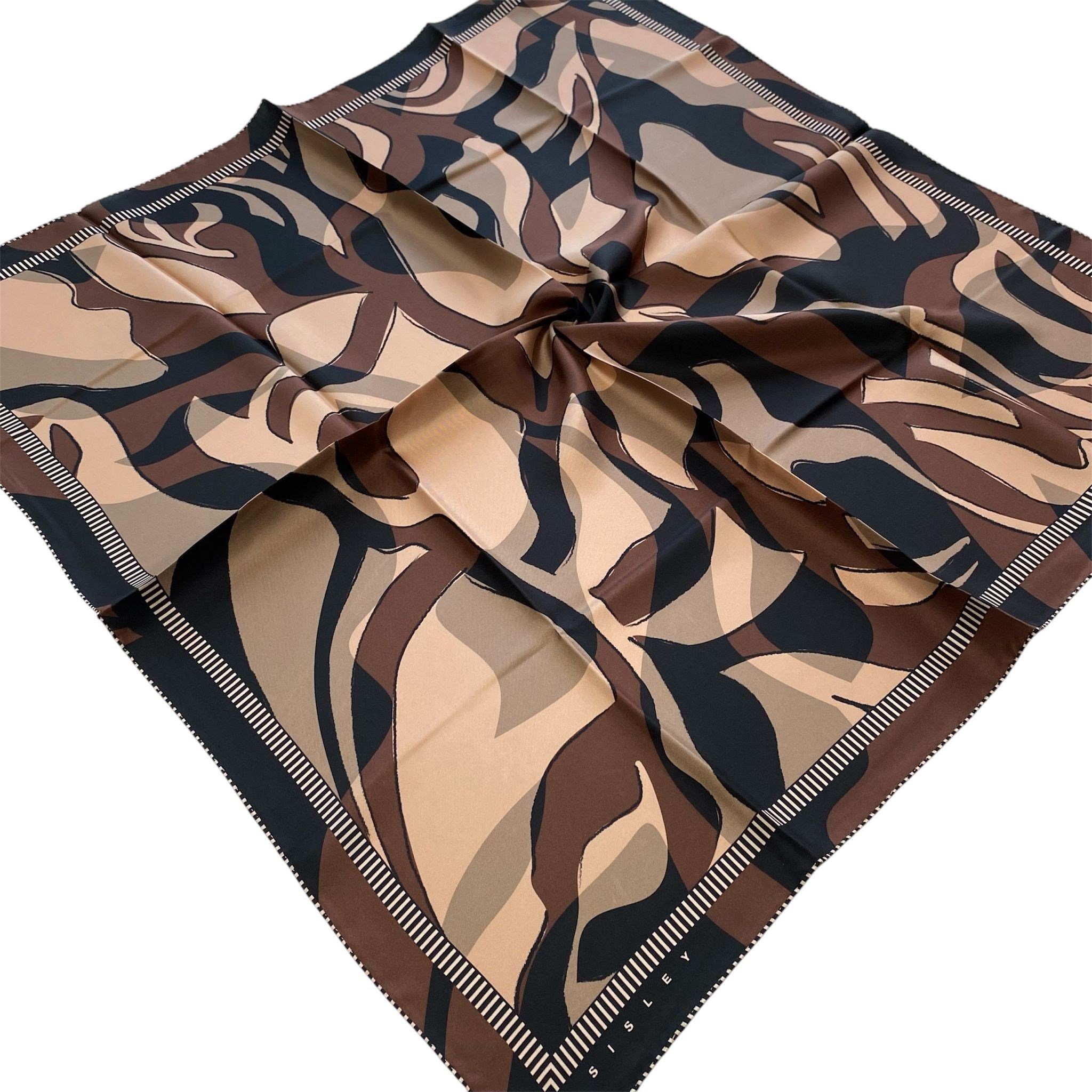 Sisley Sura Saf İpek Eşarp Camel Geometrik Desen 2035