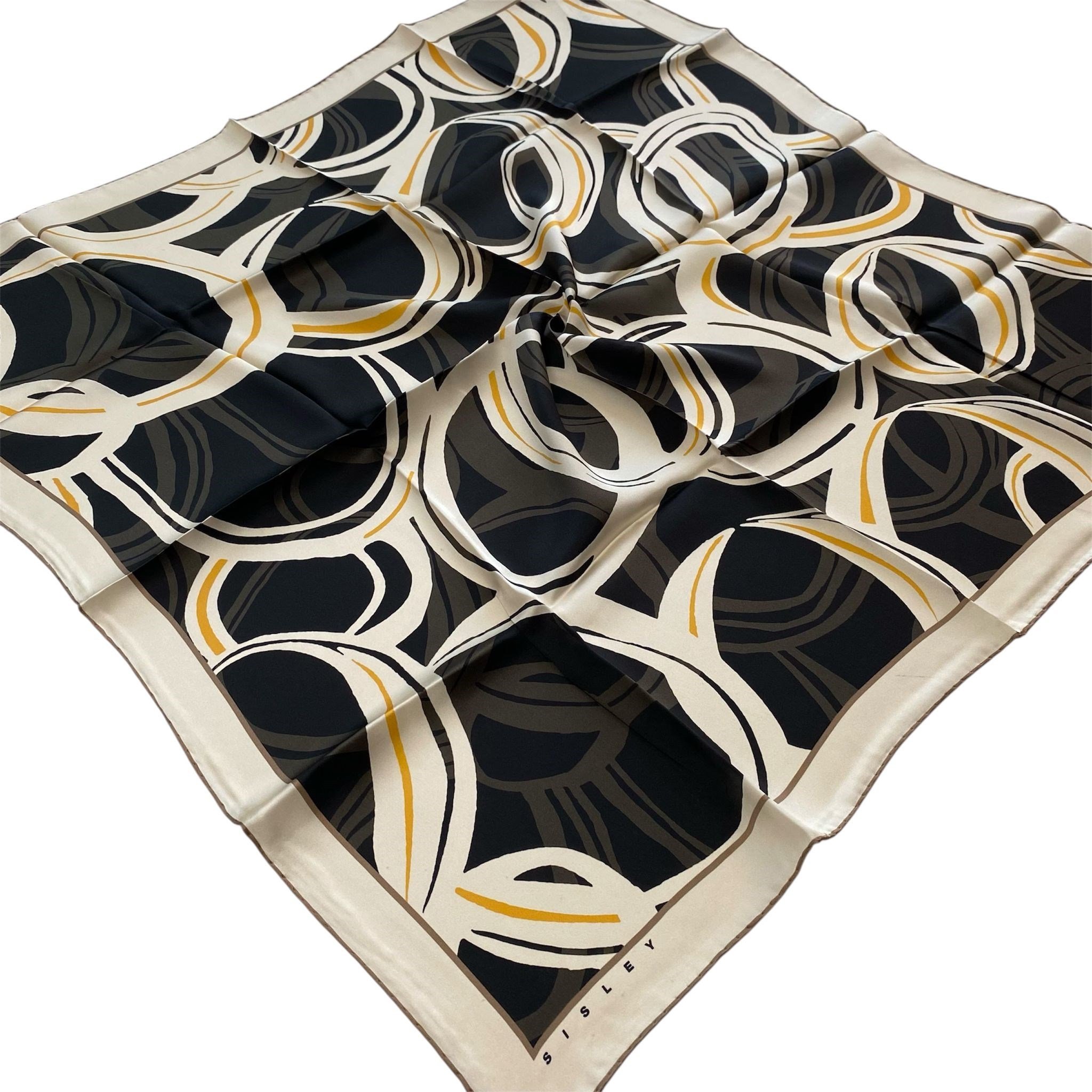 Sisley Sura Saf İpek Eşarp Siyah Soyut Desen 2042