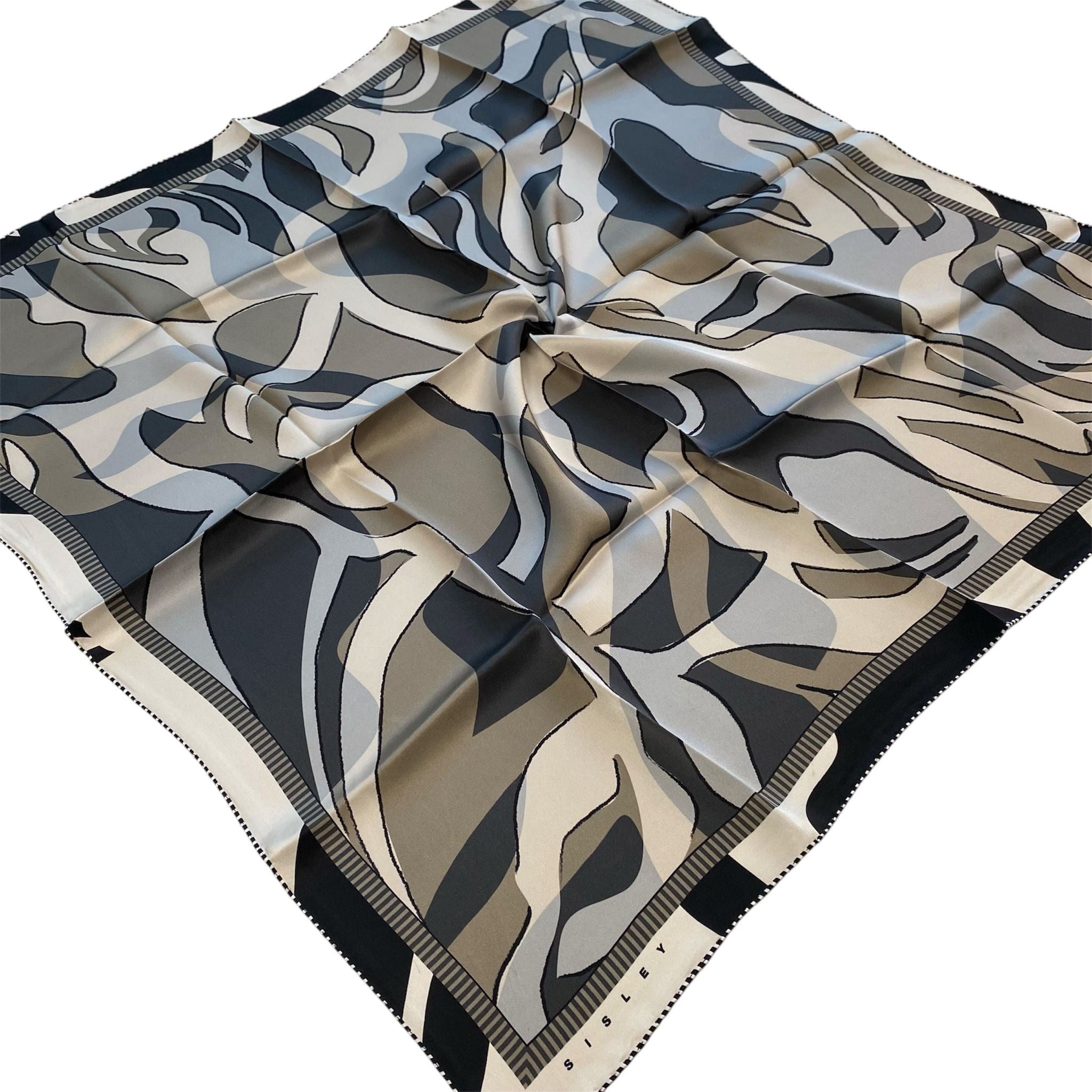 Sisley Sura Saf İpek Eşarp Vizon Geometrik Desen 2035