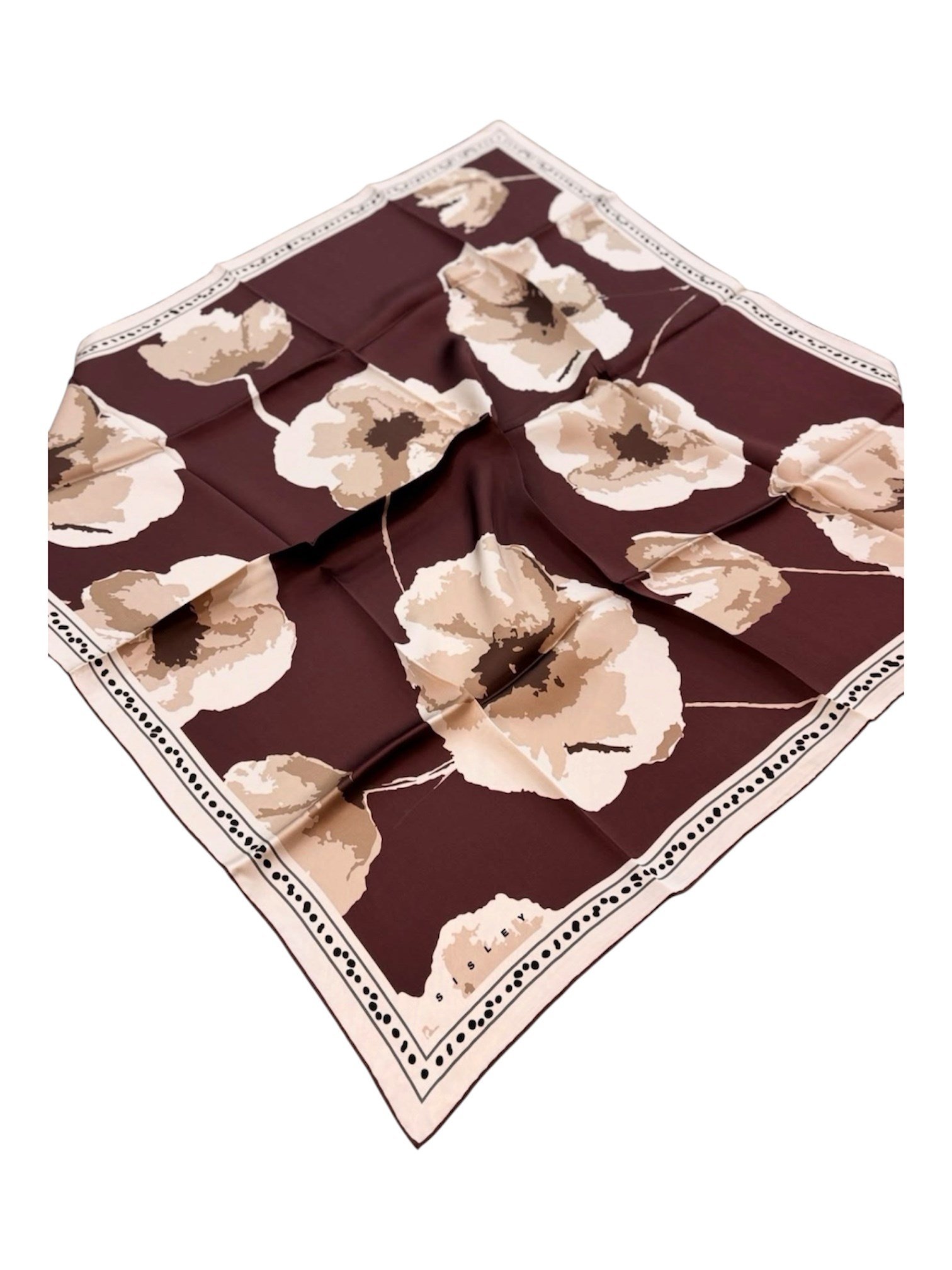 Sisley Twill Saf İpek Eşarp Bordo Çiçek Desen 2025
