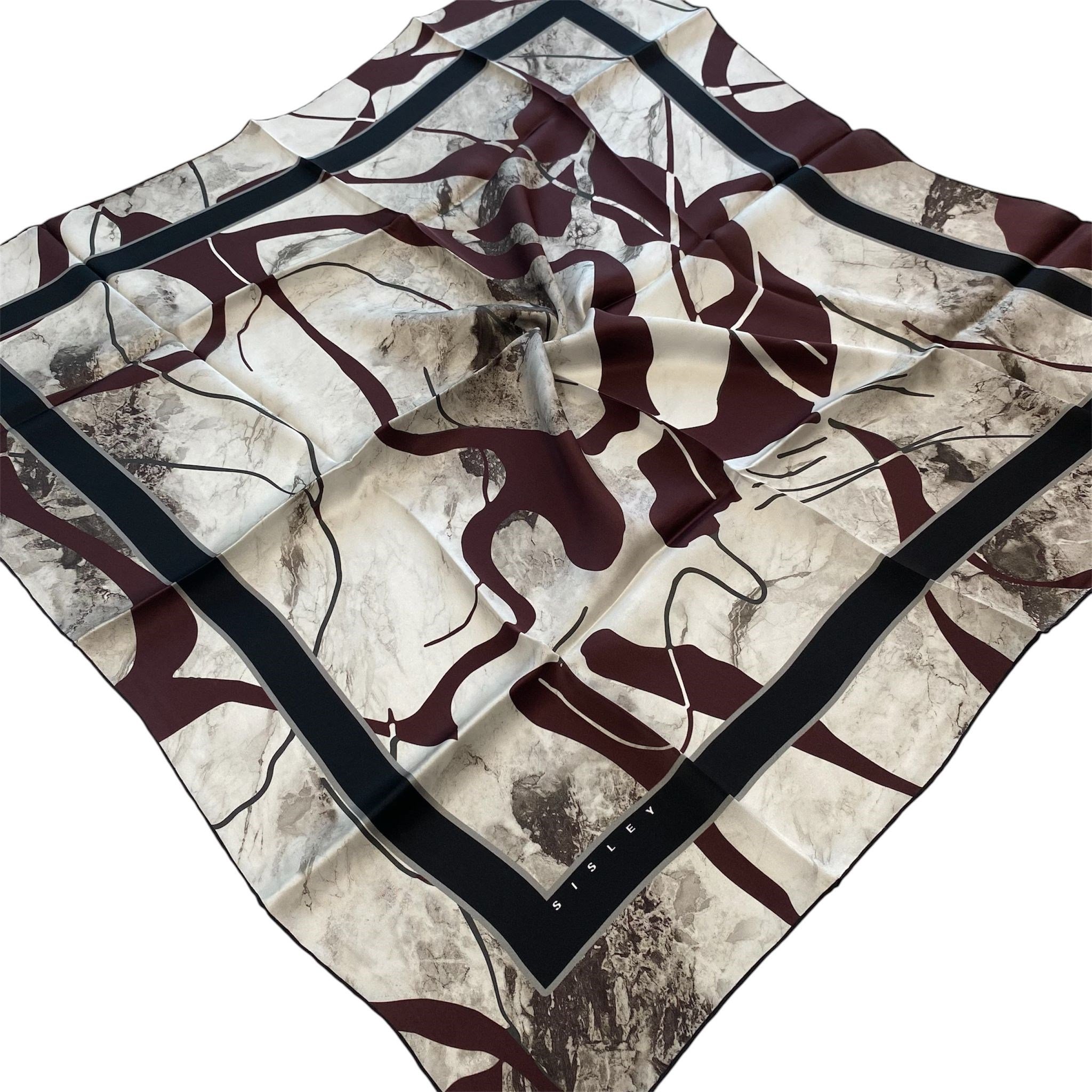 Sisley Twill Saf İpek Eşarp Bordo Karışık Desen 2031