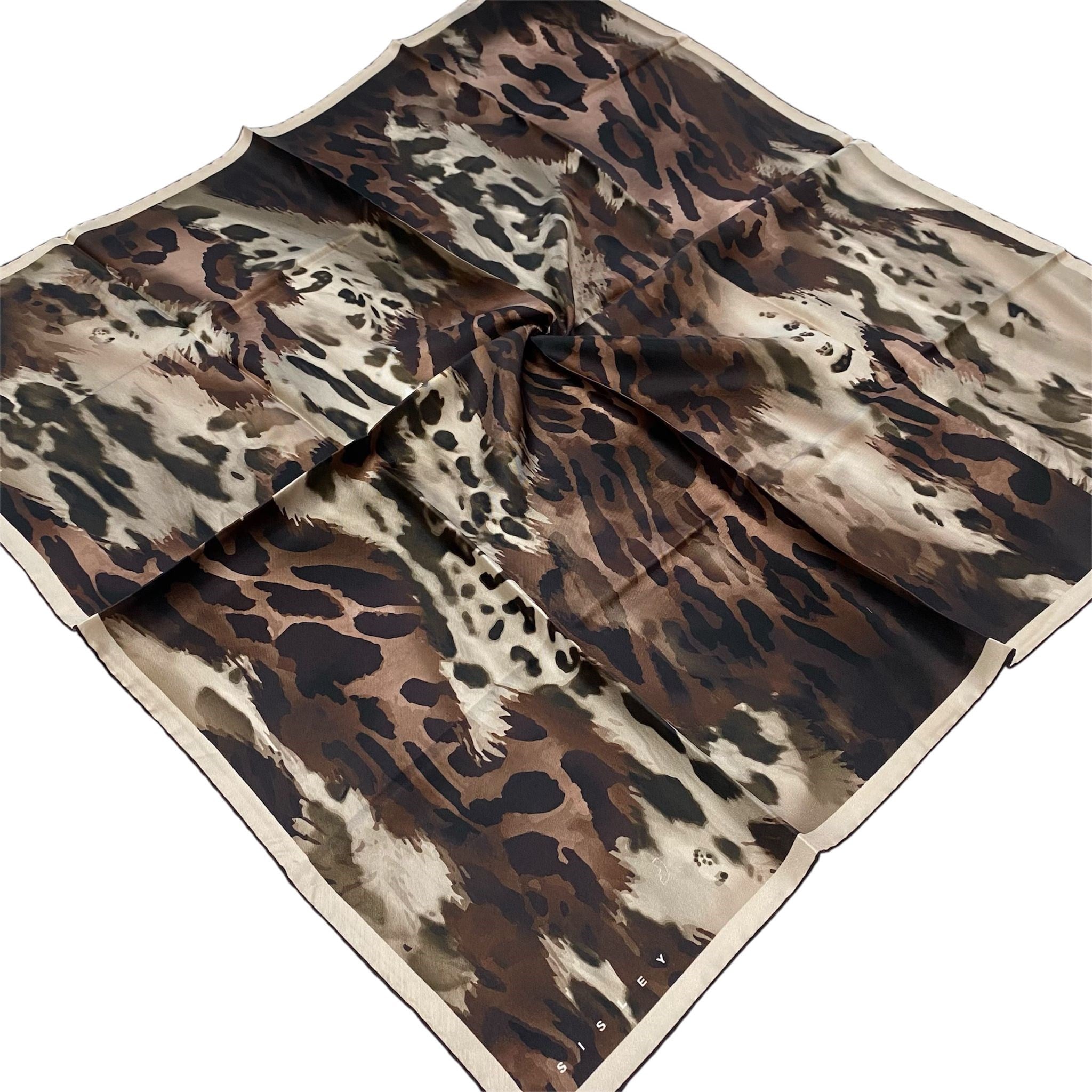 Sisley Twill Saf İpek Eşarp Kahverengi Leopar Desen 2027