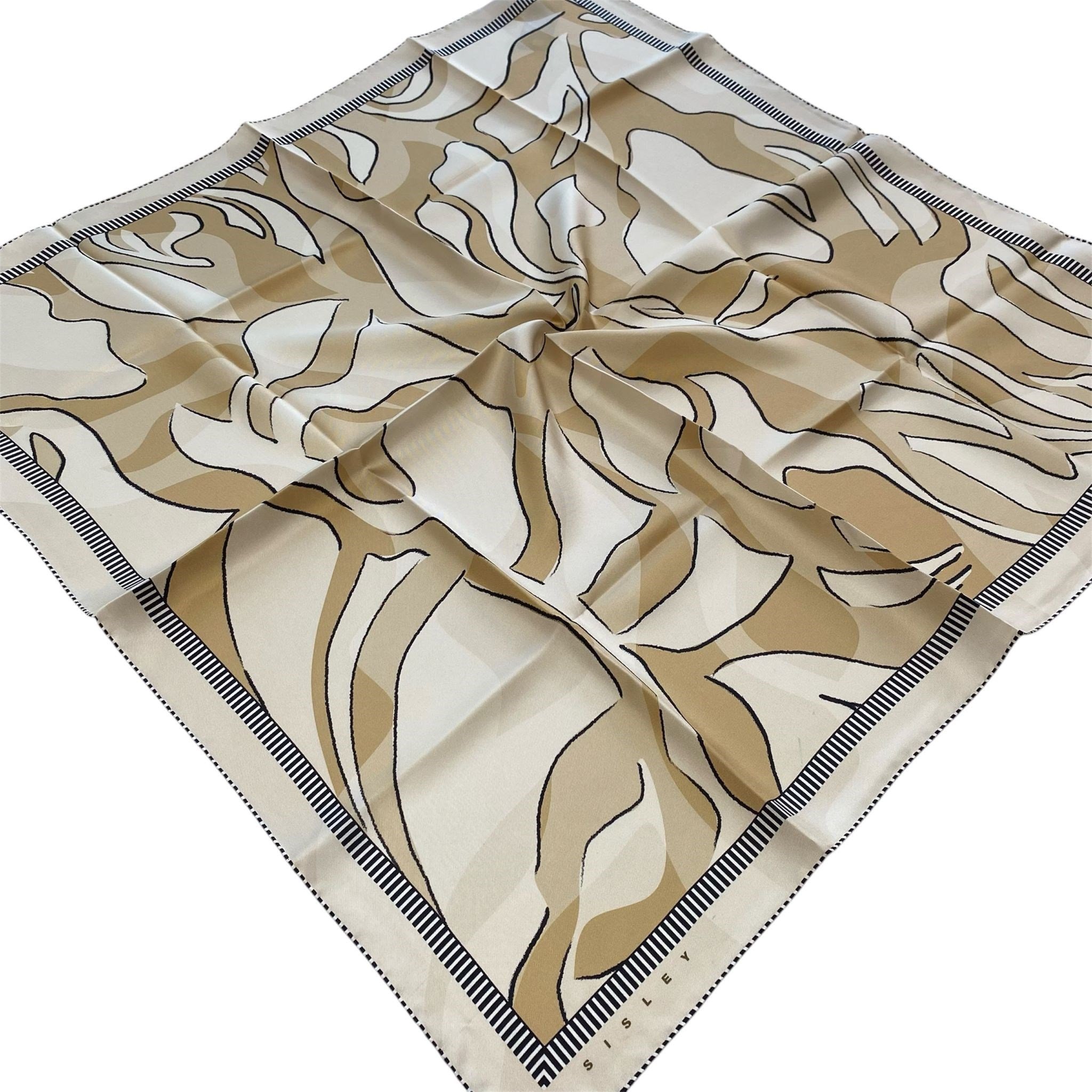 Sisley Twill Saf İpek Eşarp Krem Geometrik Desen 2023